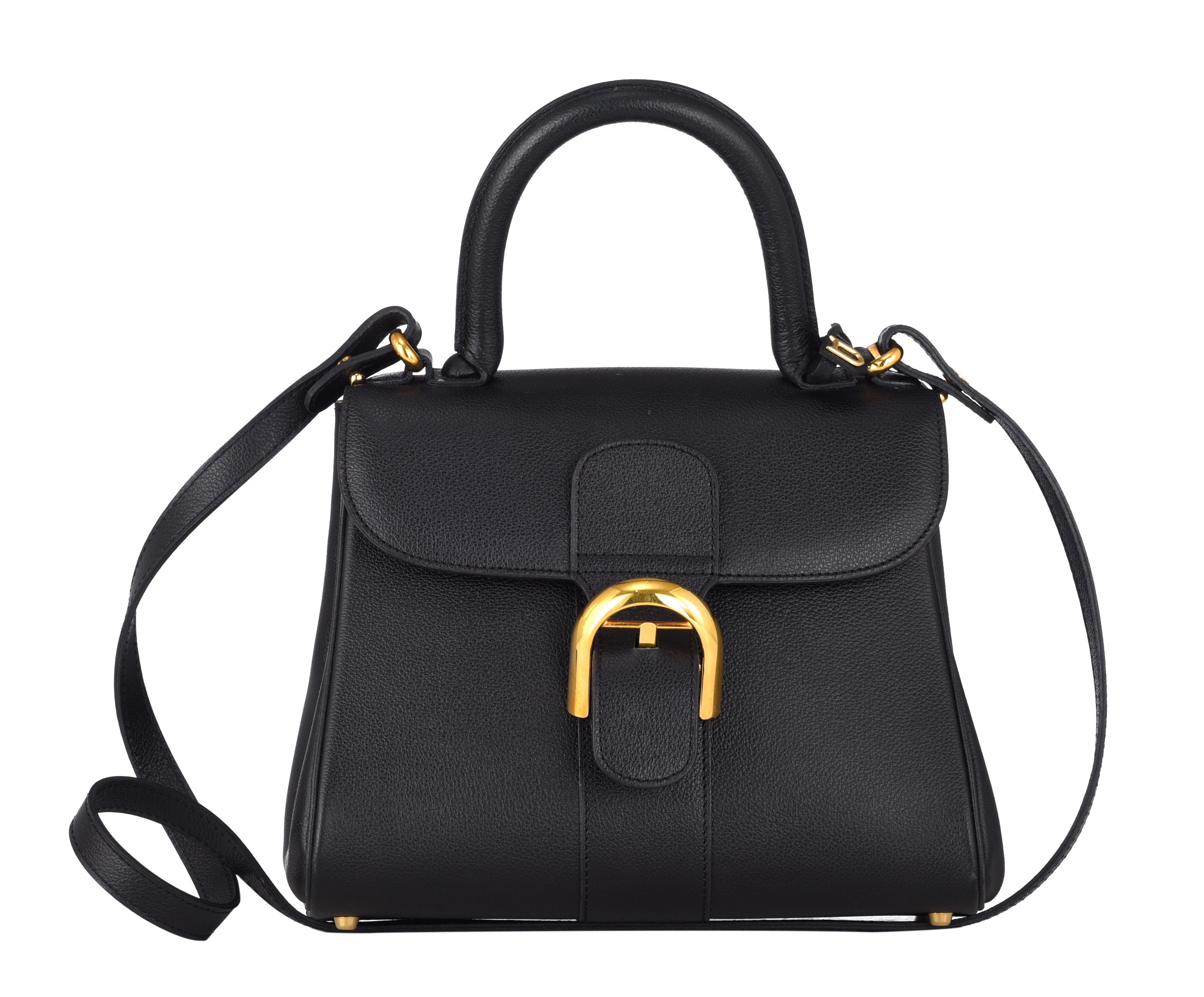 A black leather Delvaux Brillant PM handbag with a gilt buckle, H 19 - W 24 - D 14 cm