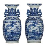 A pair of Chinese blue and white vases, paired with stylised-dragon handles, 19thC, H 49-50 cm