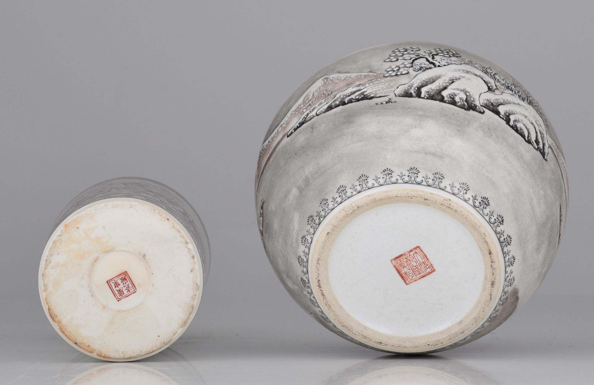 A Chinese Canton grisaille and enamelled 'Winter Landscape' cylindrical vase and ginger jar, 20thC, - Image 7 of 26