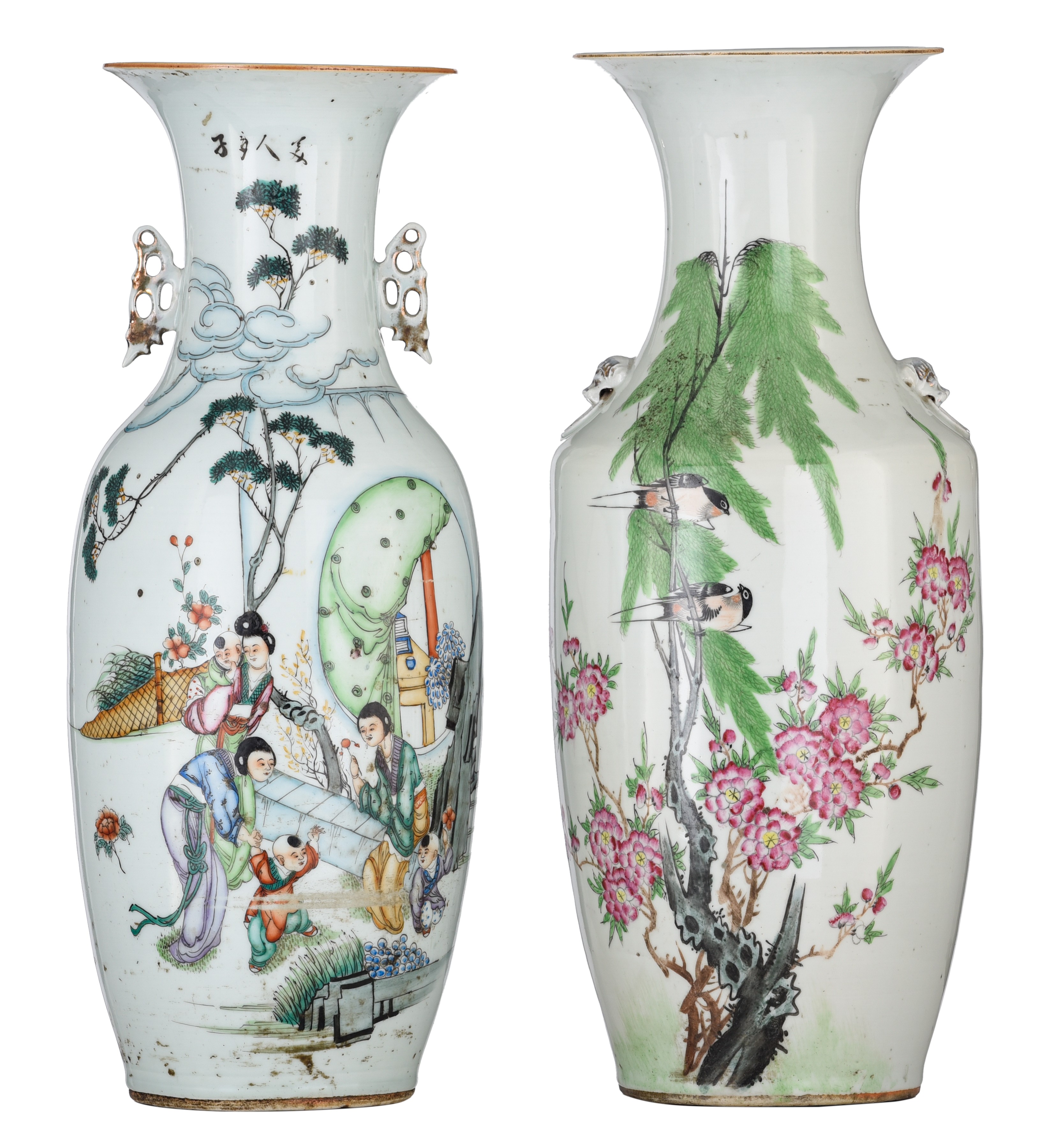 Two Chinese famille rose vases, one with a signed text, Republic period, H 57 - 57,5 cm