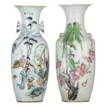 Two Chinese famille rose vases, one with a signed text, Republic period, H 57 - 57,5 cm