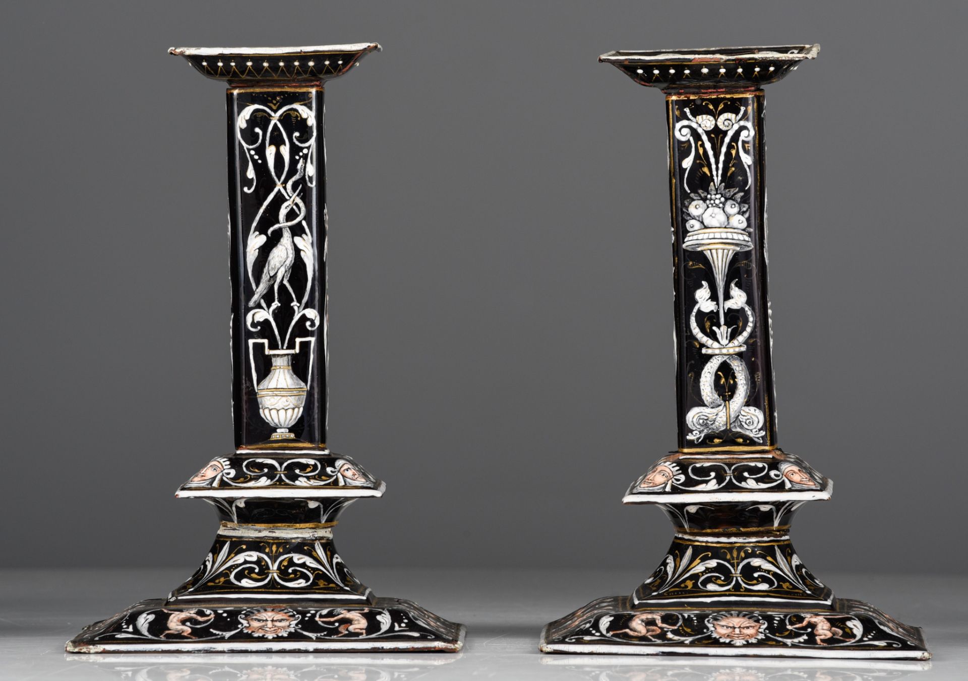 A pair of 17thC Limoges enamel candlesticks, H 23 cm (+) - Image 3 of 7