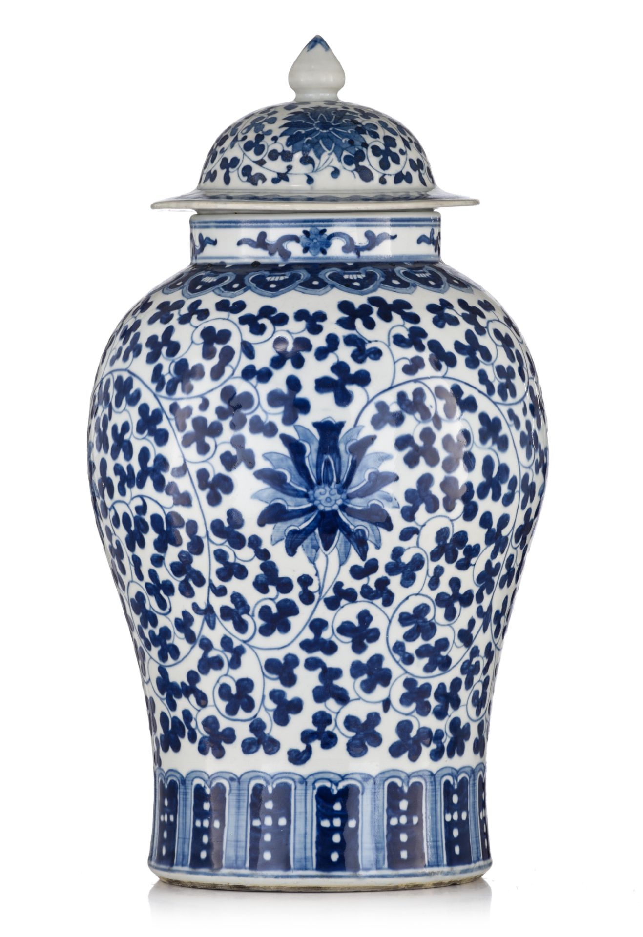 Two Chinese blue and white 'Scrolling lotus' baluster vases and cover, 19thC, H 49 - 51 cm - Image 2 of 15