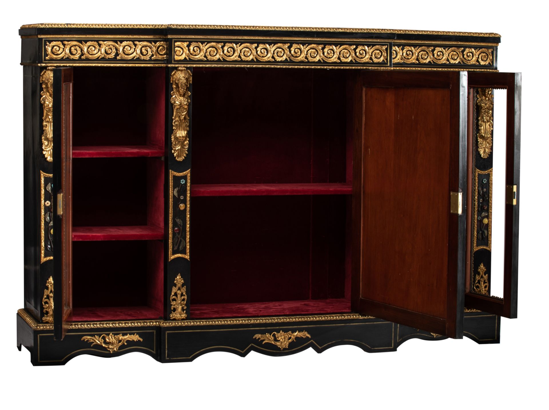 An impressive Neoclassical Napoleon III cabinet, decorated with semi-precious stones, H 118 - W 176 - Image 3 of 8