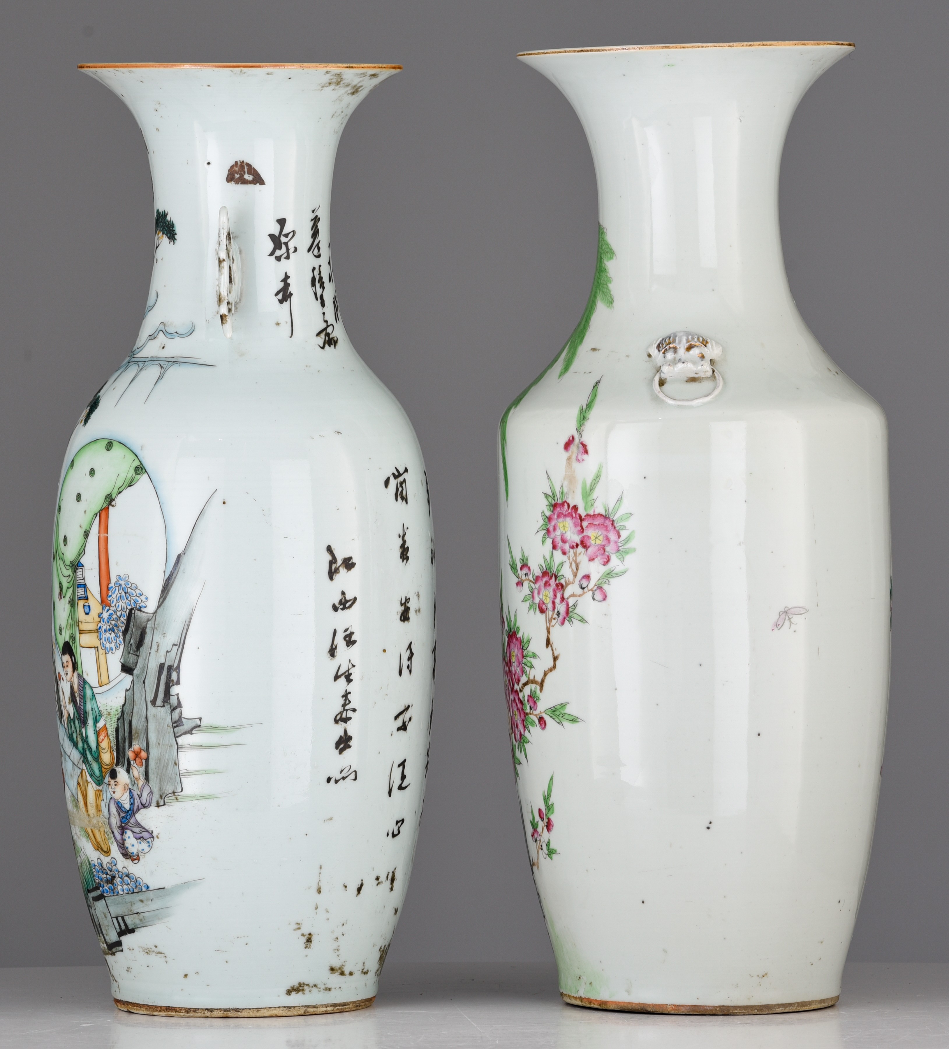 Two Chinese famille rose vases, one with a signed text, Republic period, H 57 - 57,5 cm - Image 3 of 7