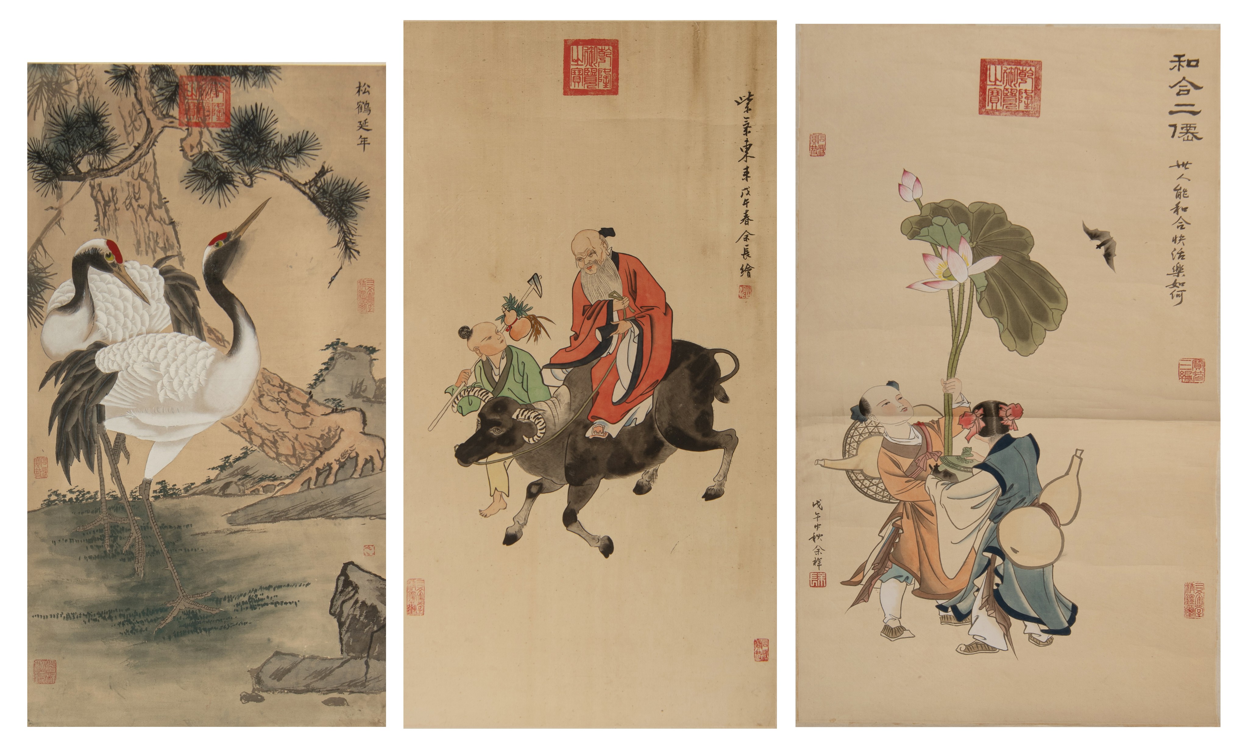 A collection of three Chinese scrolls, watercolour on silk, largest 94 x 51 cm