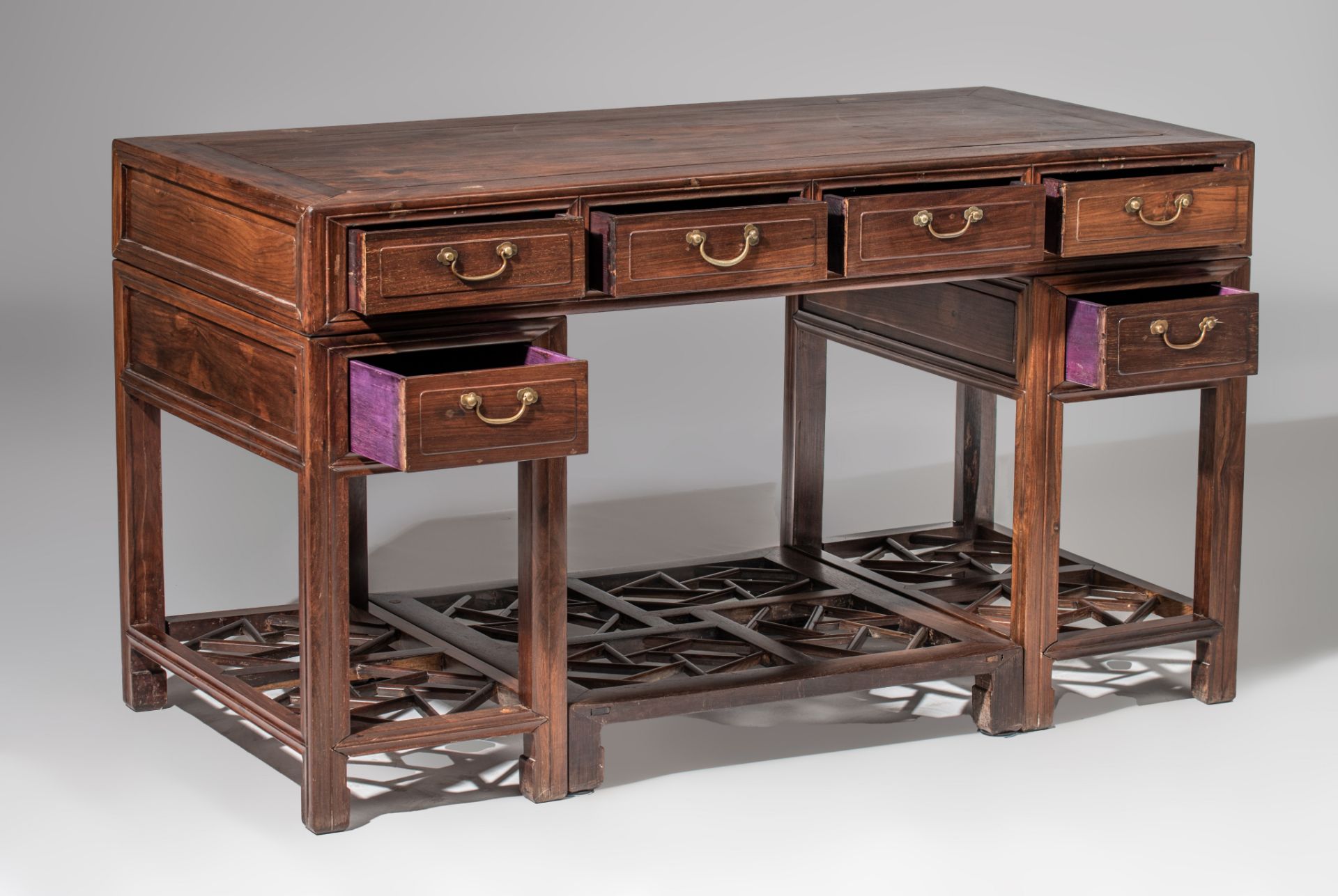 A Chinese hardwood desk, 20thC, H 83 - 144 x 72 cm - Image 3 of 8