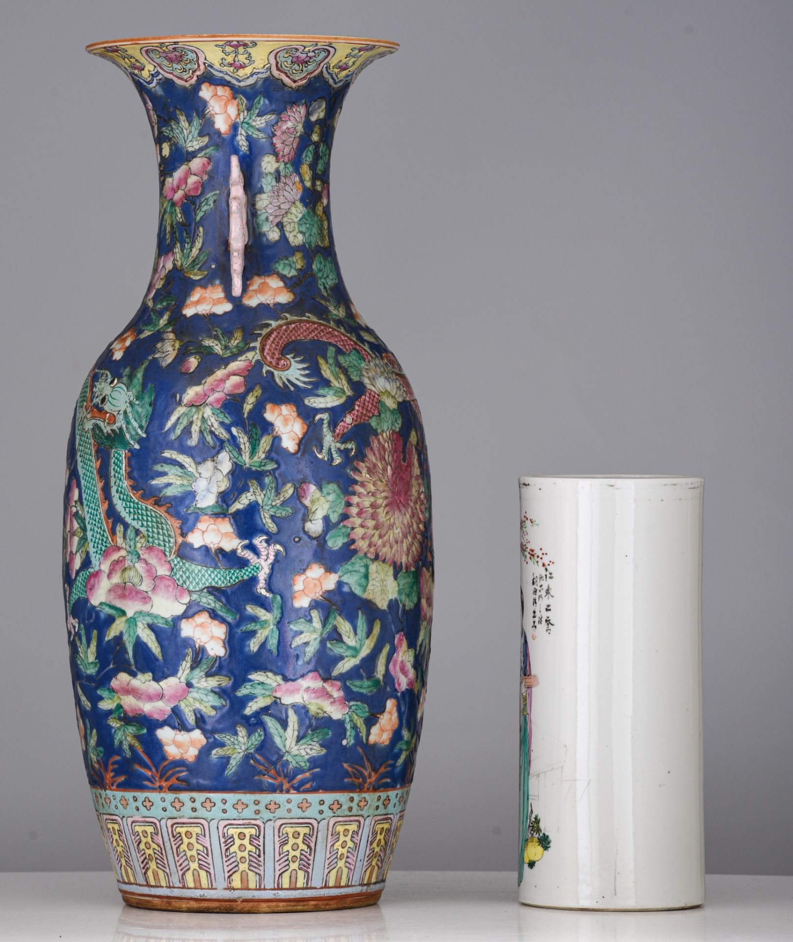 A Chinese famille rose vase, 19thC, H 57 cm - and a famille rose cylindrical vase, with a signed tex - Image 3 of 7