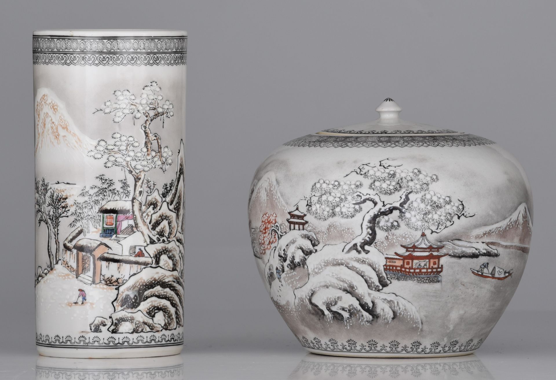 A Chinese Canton grisaille and enamelled 'Winter Landscape' cylindrical vase and ginger jar, 20thC, - Image 2 of 26