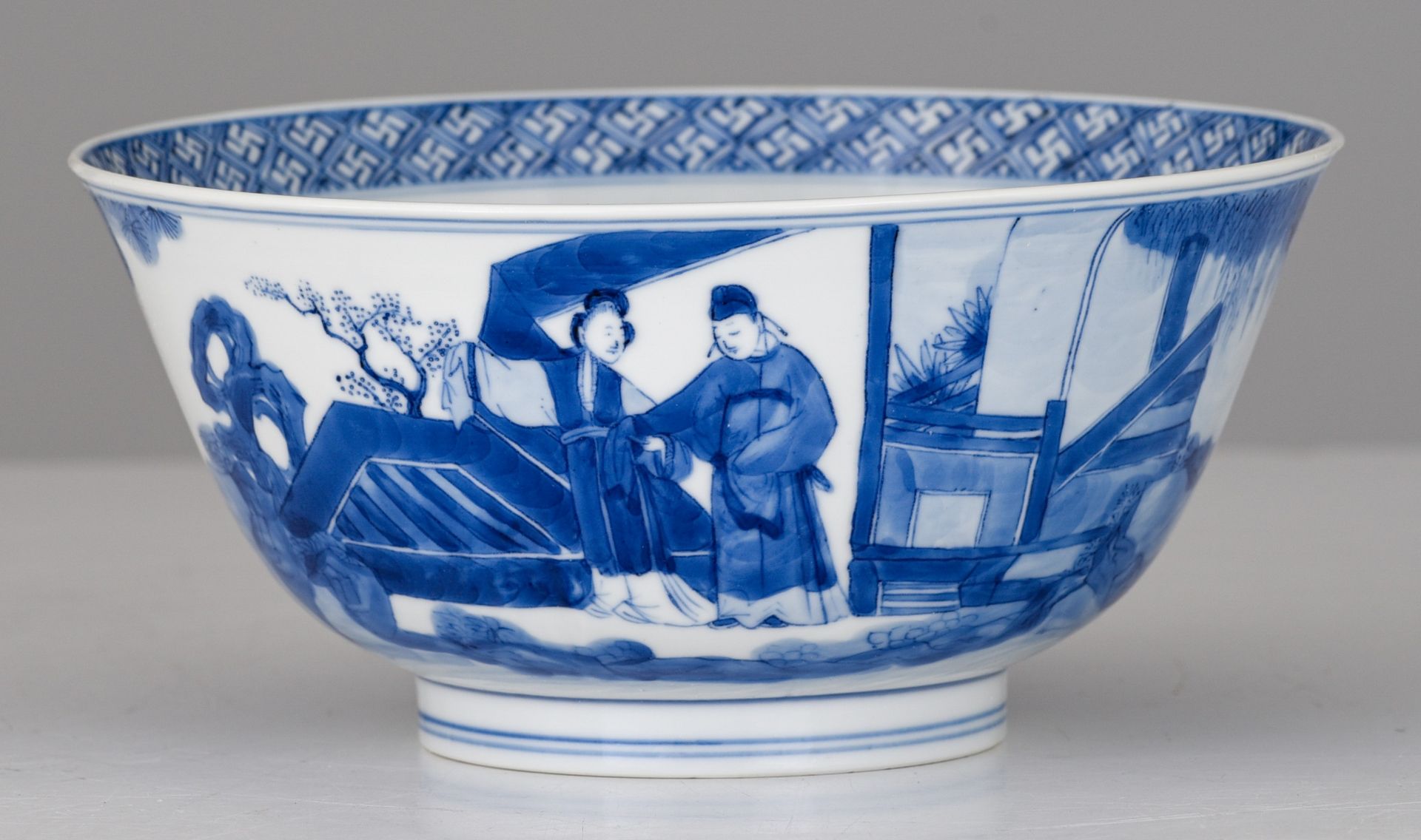 A Chinese blue and white figural bowl, Kangxi mark and of the period, H 7,5 - dia. 16 cm - Image 2 of 7