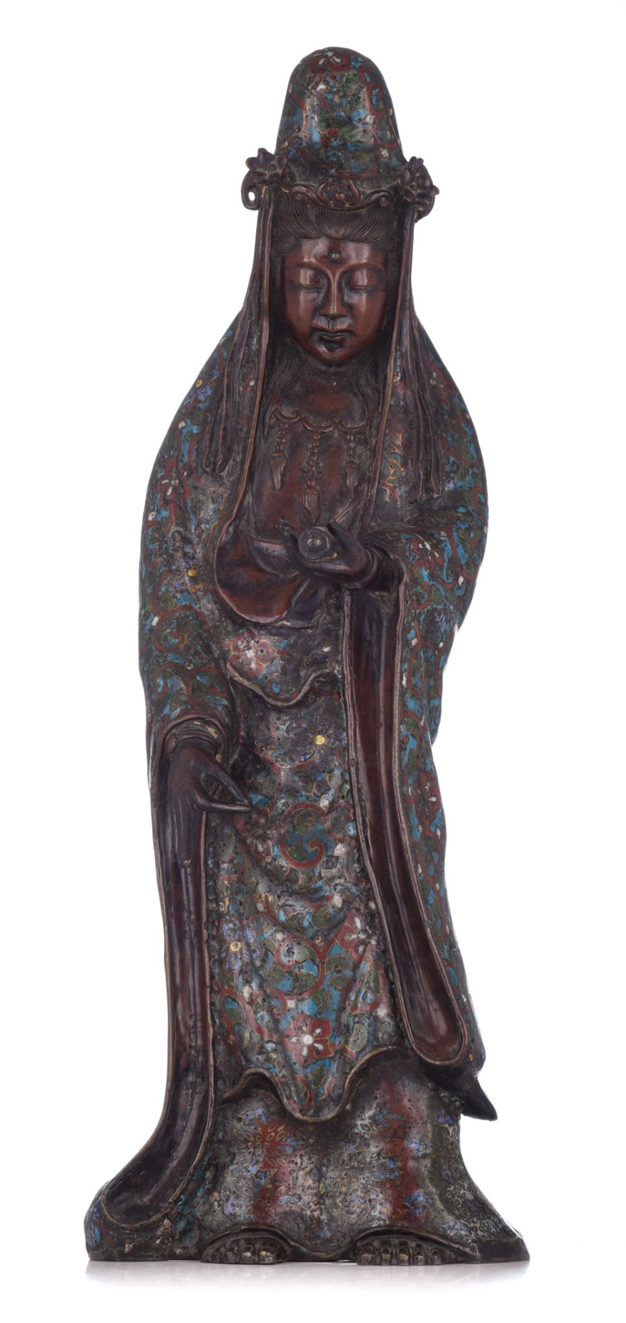 A Japanese champleve decorated bronze figure of a standing Kannon, Meiji period, H 55 cm