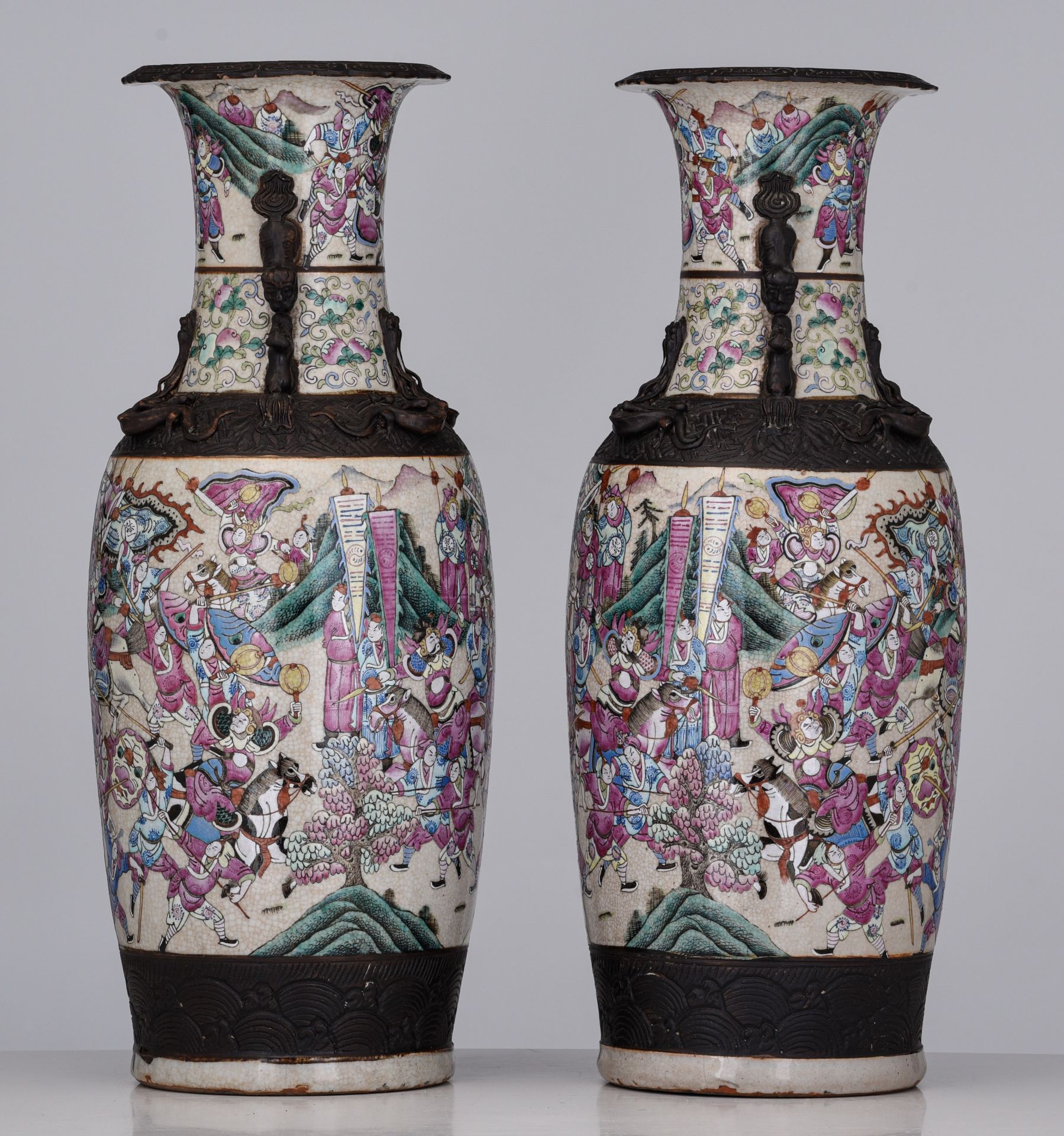 A pair of Chinese Nanking famille rose on crackle-glazed vases, 19thC, H 61 cm - added a blue and wh - Image 3 of 14