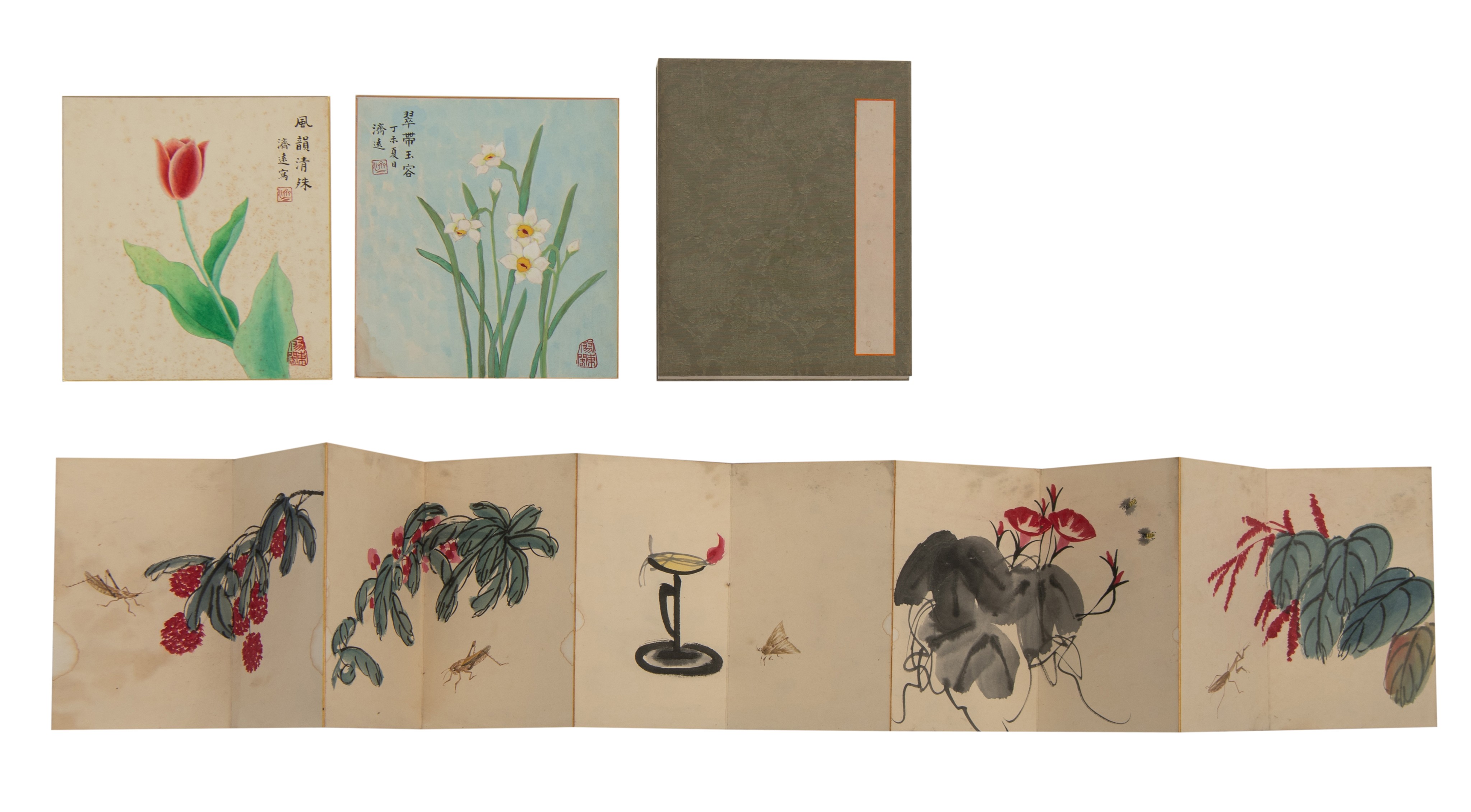 An album of Chinese ink and colour on paper after Qi Baishi, in the form of an accordion booklet, 16