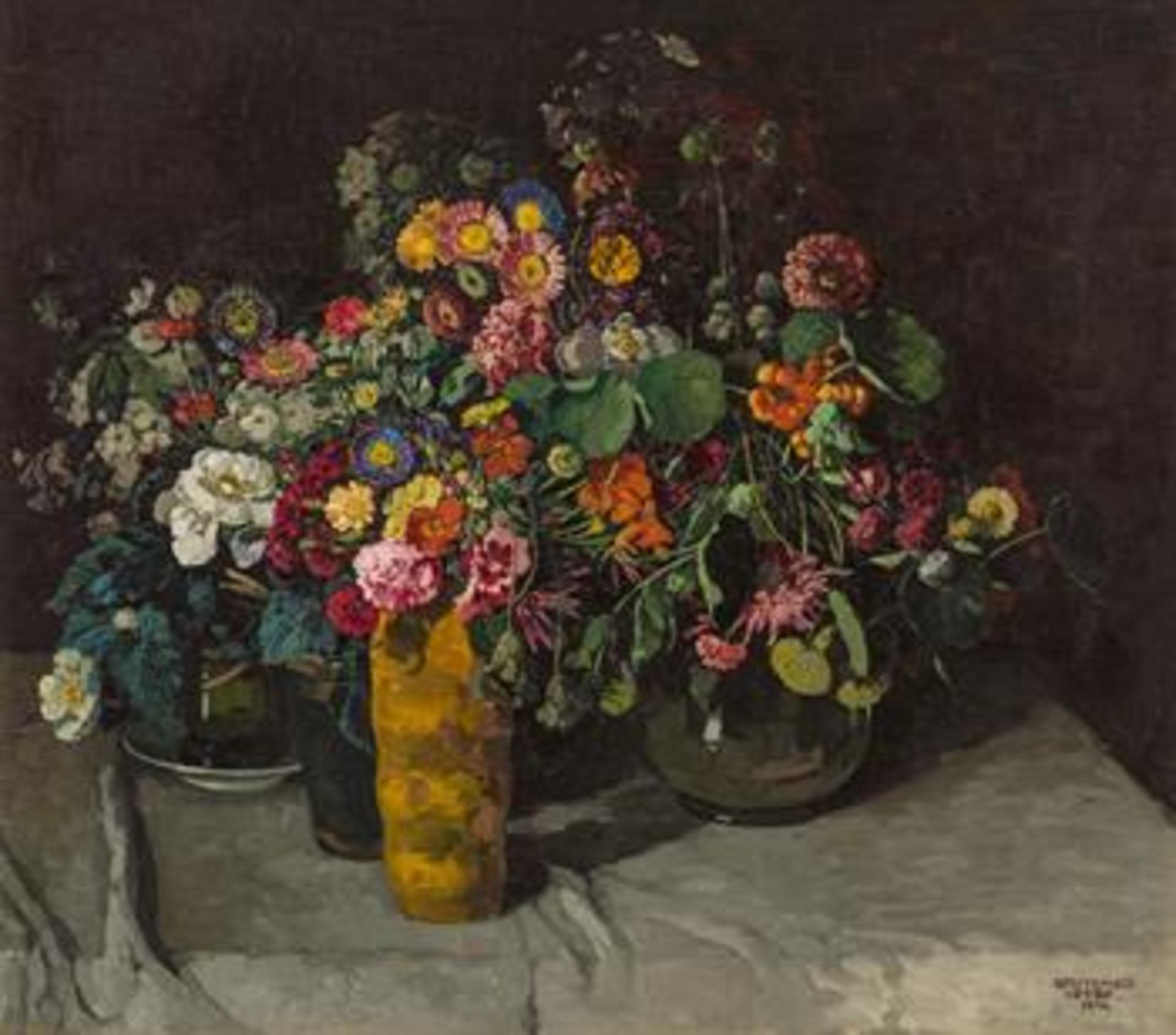 Josef Stoitzner: Blumenstillleben mit Astern, Nelken und Kapuzinerkresse