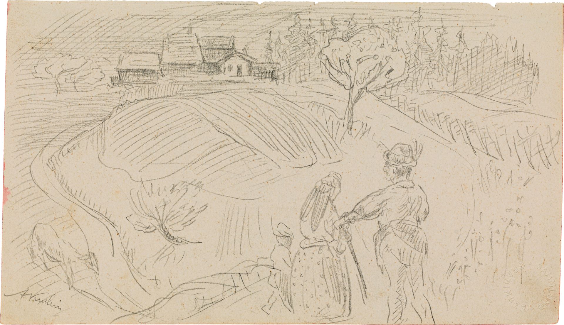 Alfred Kubin: Landschaft mit Figuren, verso: Straßenszene mit Soldaten