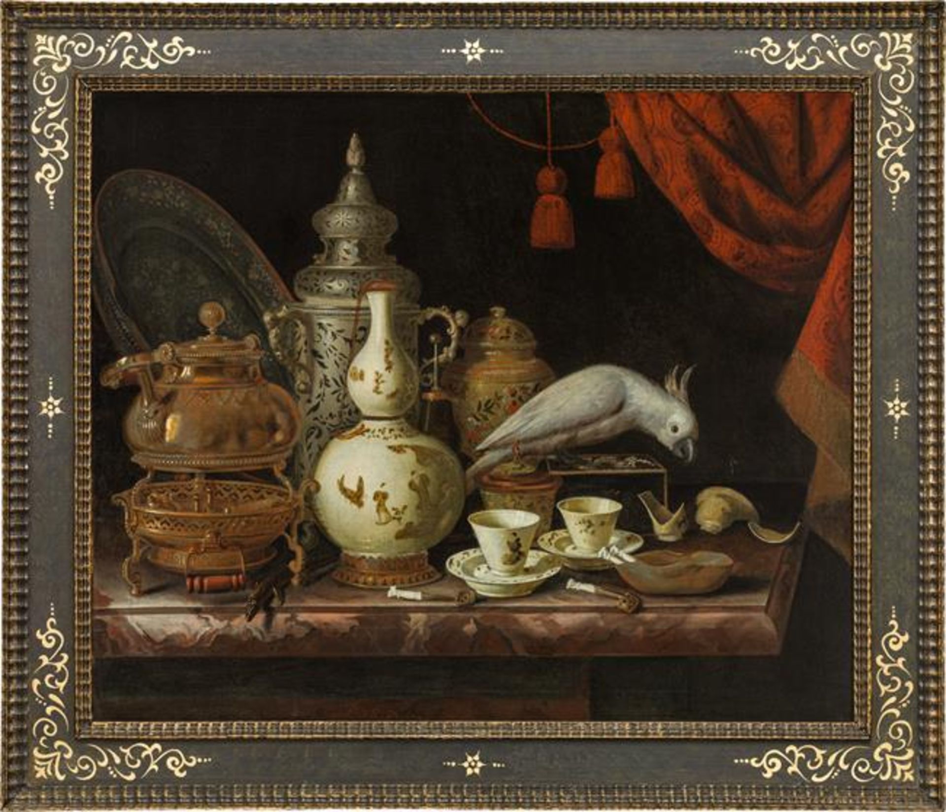 Pieter Gerritsz. van Roestraten: Still life with porcelain, silver and cockatoo - Image 2 of 2
