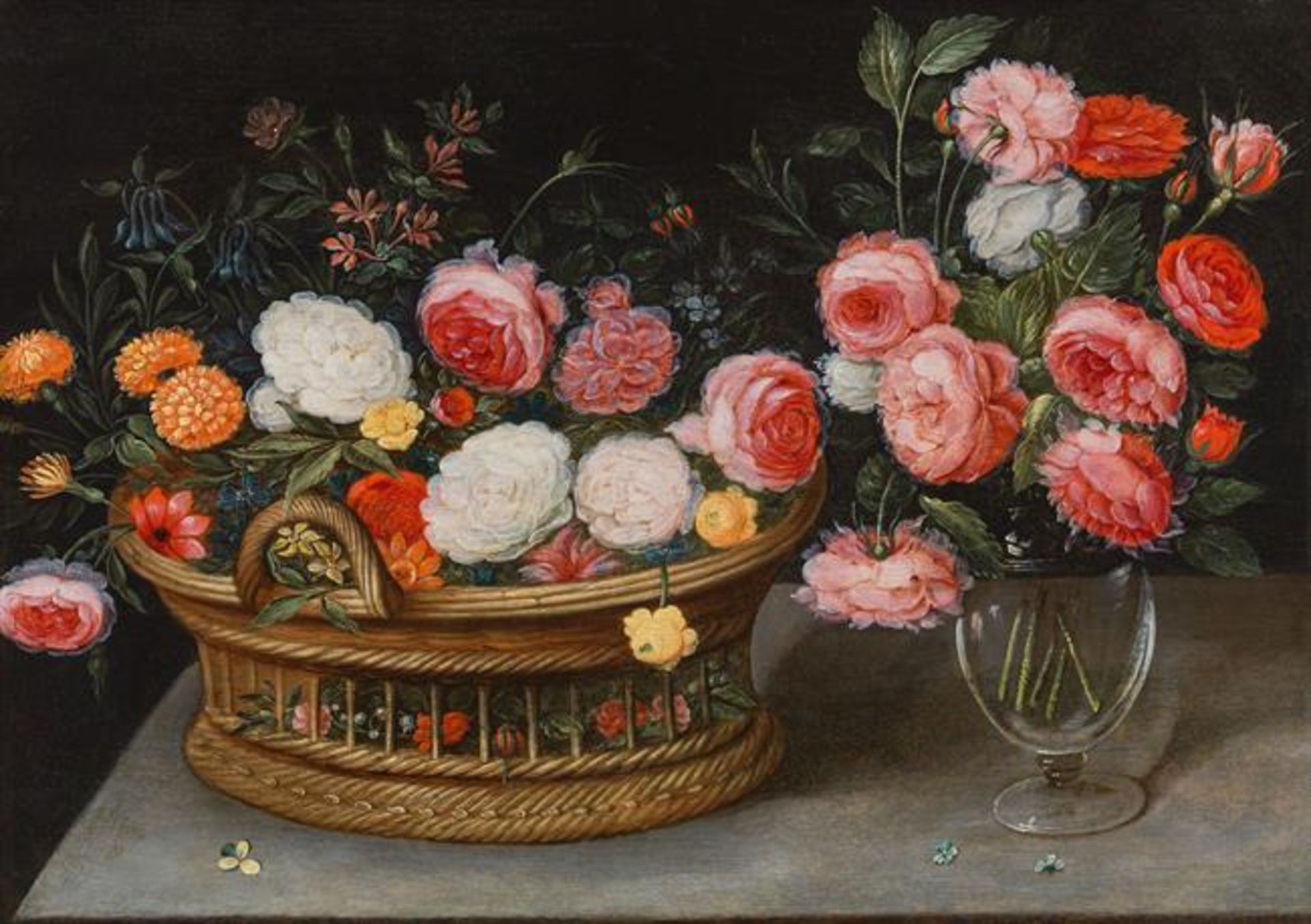 Jan Brueghel the Younger: Flower basket and vase