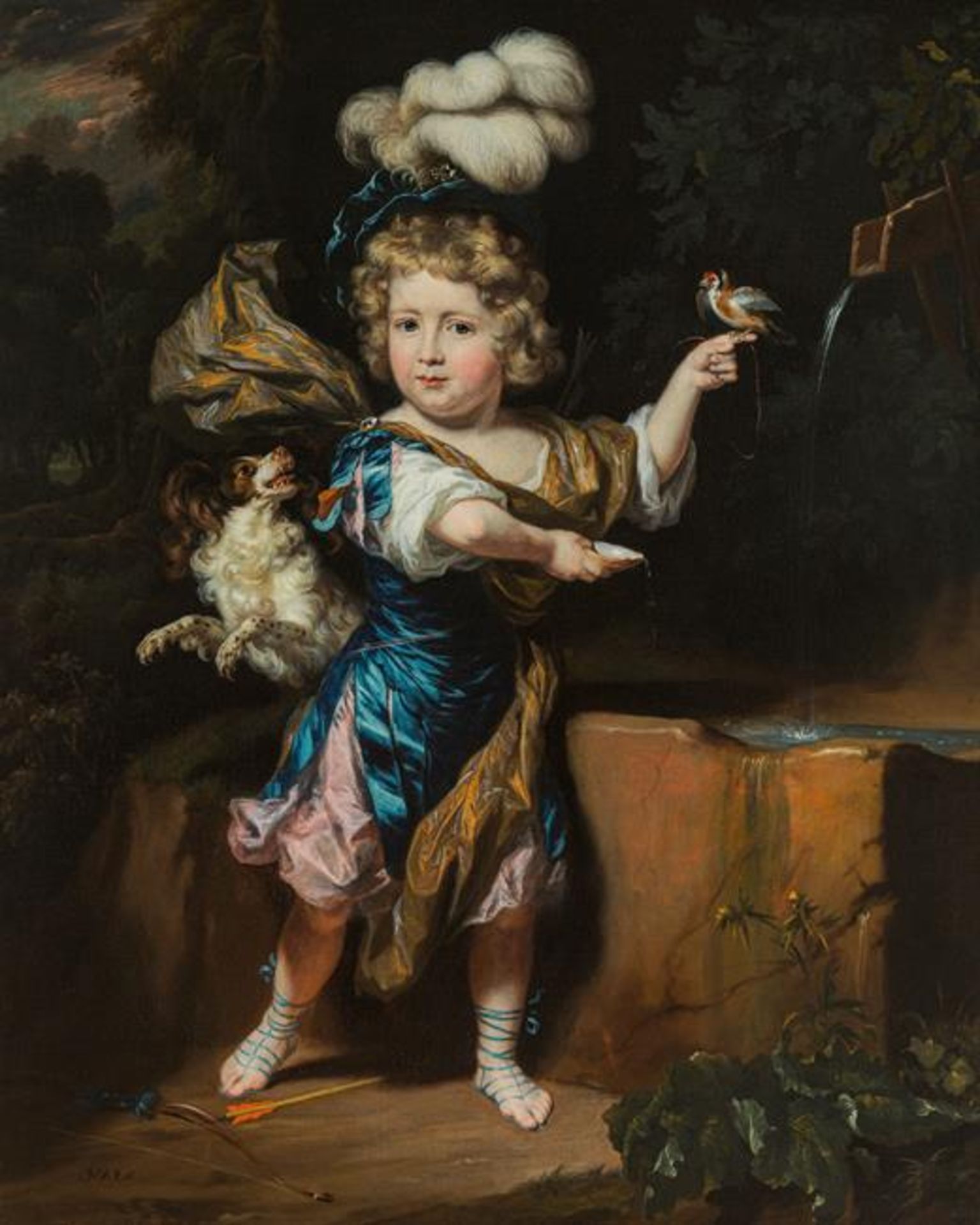 Nicolaes Maes: Boy with bird and dog at a fountain