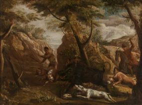 Circle of Angelo Maria Crivelli : Boar hunt in rocky landscape