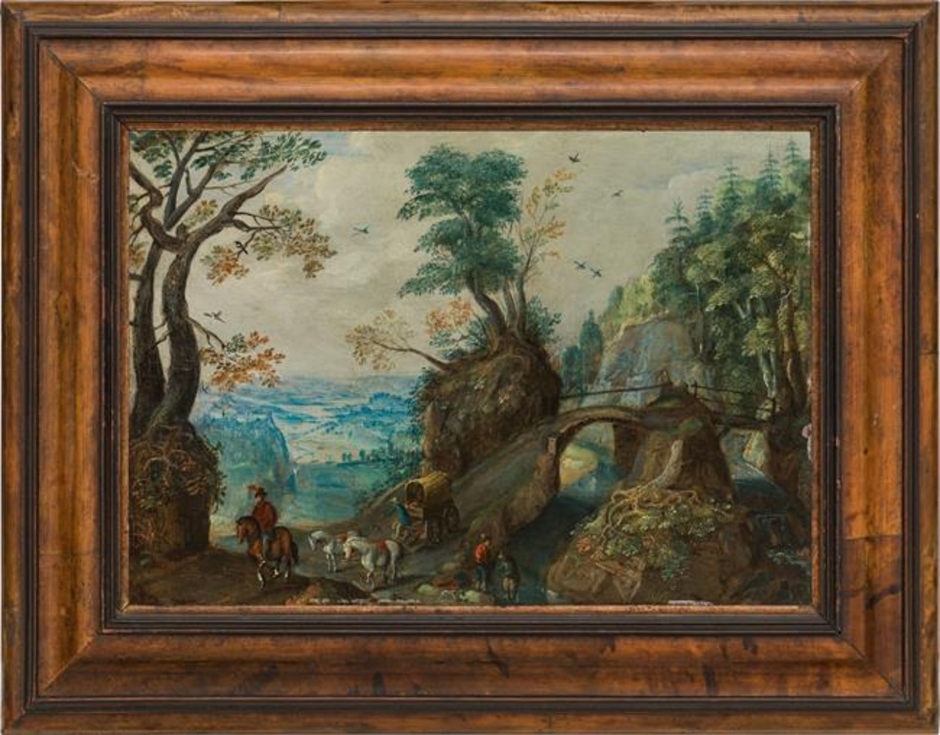 Mattheus Molanus: Woodland scenery with bridge and horse carriage - Image 2 of 2