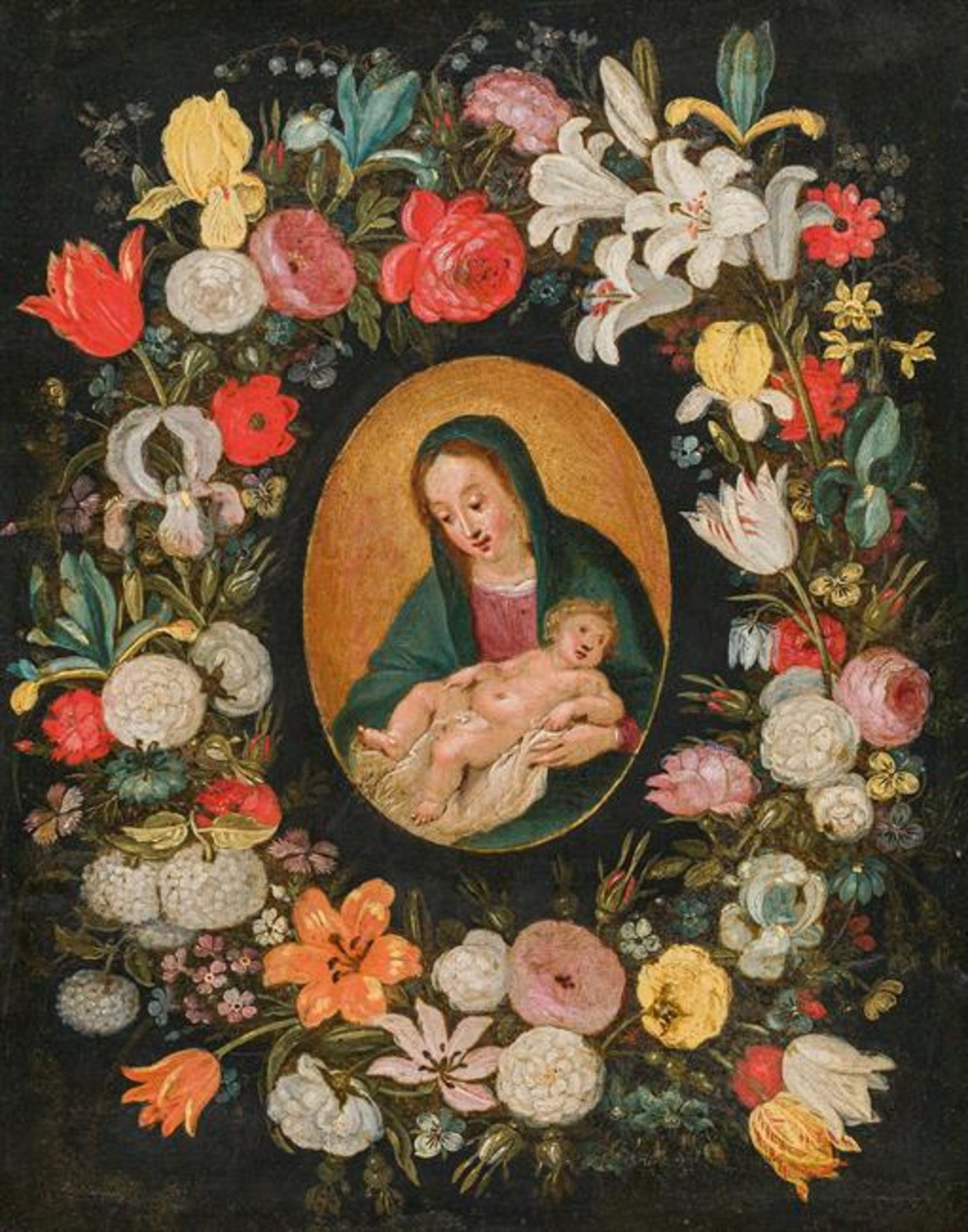 Jan Brueghel the Younger: Madonna with child in a wreath of flowers