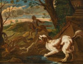 Abraham Danielsz. Hondius: Fox hunt with dogs and horseman