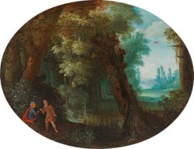 Adriaen van Stalbemt: Woodland scenery with the Temptation of Christ