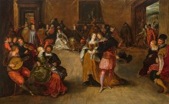 Studio of Frans Francken the Younger : A courtly company music-making and dancing in an interior