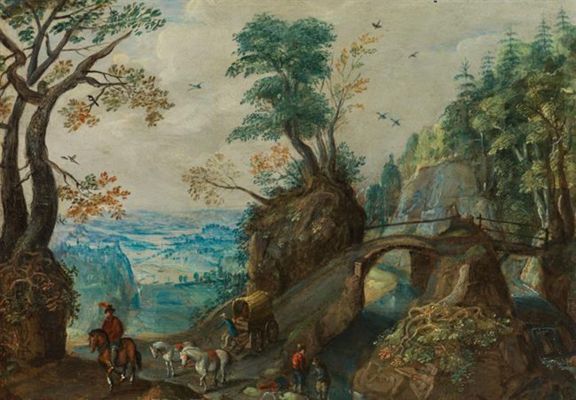 Mattheus Molanus: Woodland scenery with bridge and horse carriage