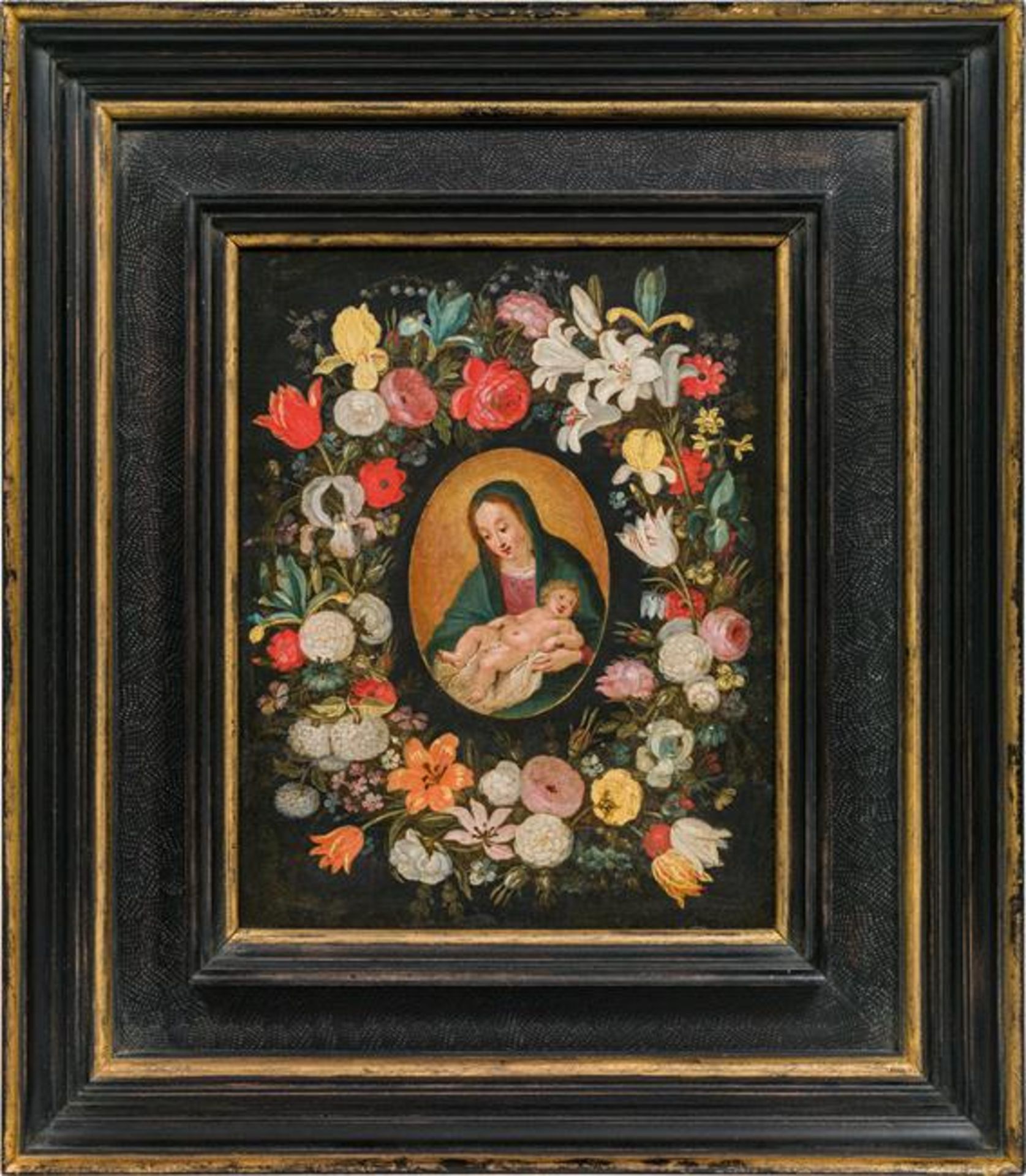 Jan Brueghel the Younger: Madonna with child in a wreath of flowers - Image 2 of 2