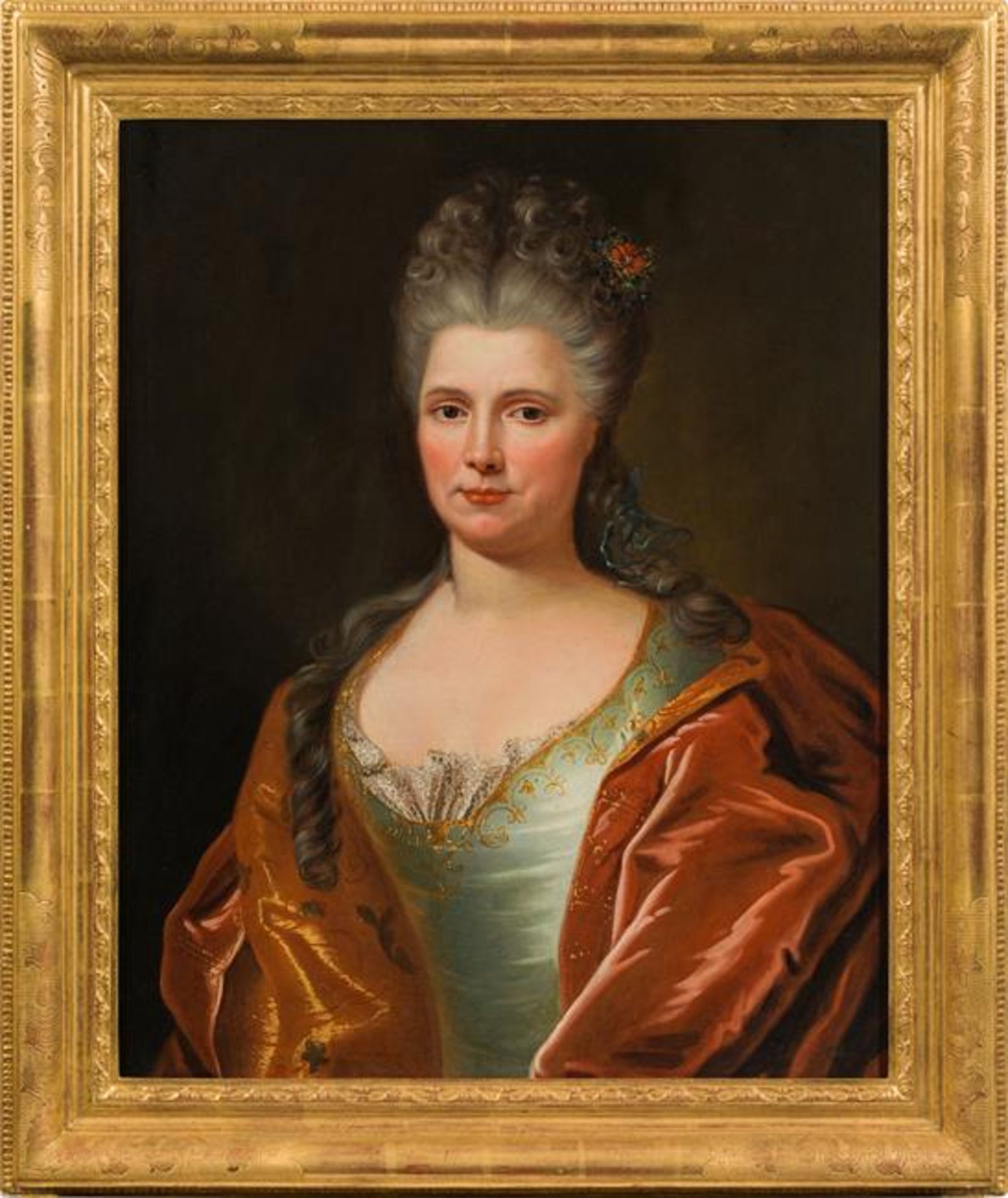 French Master: Elegant lady in a green dress, red cloak and with floral decorations in her hair - Image 2 of 2