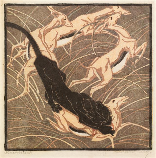 Norbertine Bresslern-Roth: Raid (Black panther and gazelles)