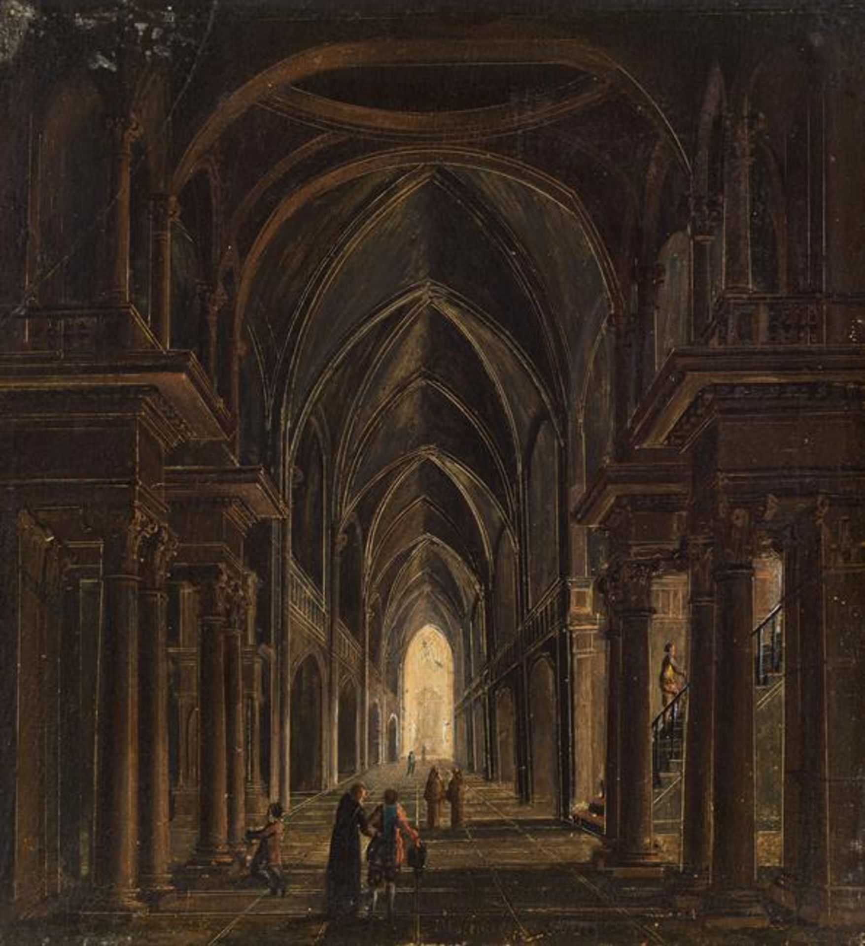 Circle of Ferdinando Galli da Bibiena : Interior of a gothic church with figural staffage