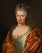 French Master: Elegant lady in a green dress, red cloak and with floral decorations in her hair