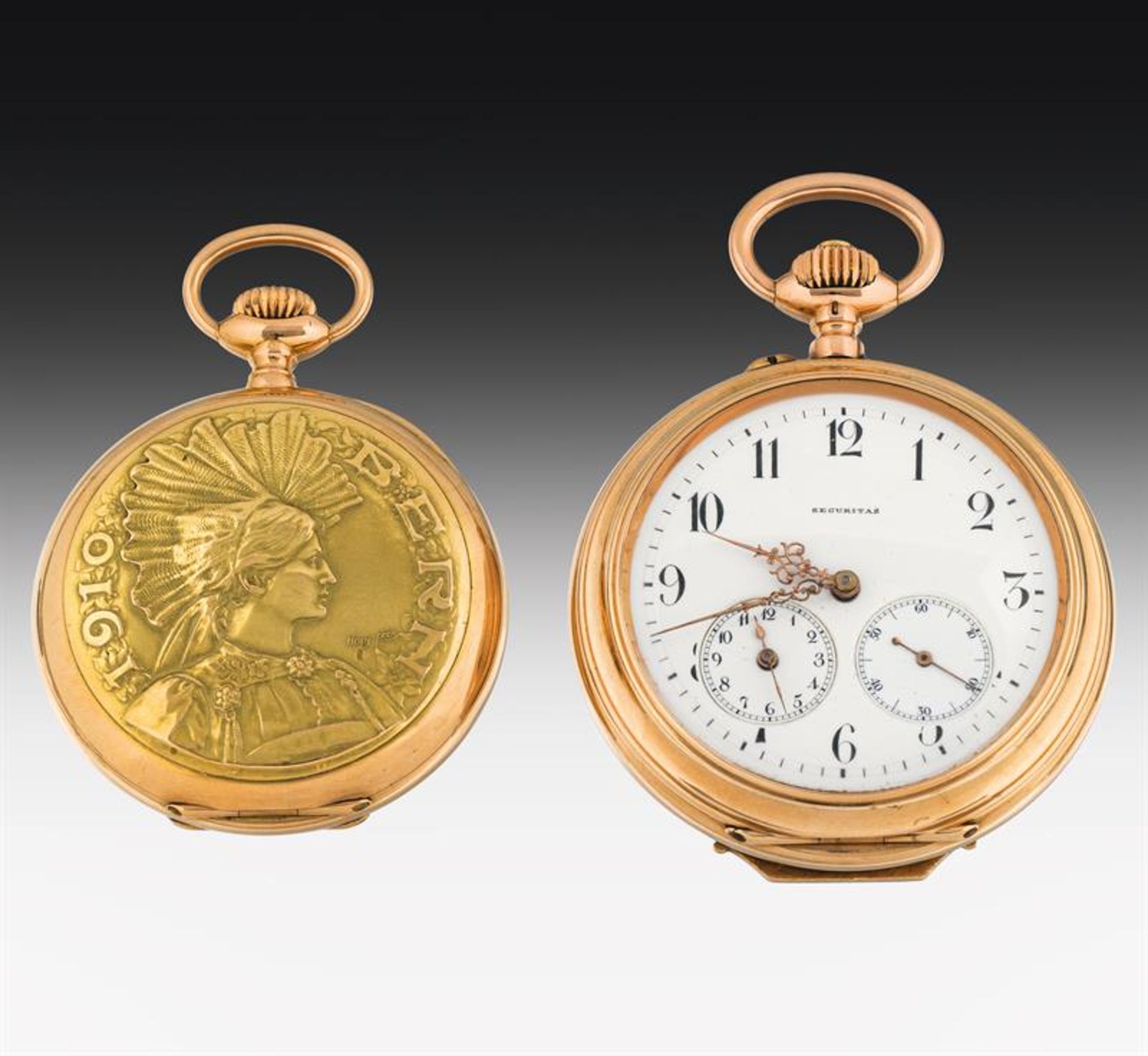 Golden pocket watch with alarm clock & gold pocket watch, Omega