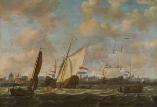 Follower of Abraham Storck : Sailing ships in front of a city (possibly Amsterdam)