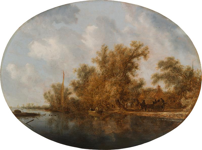 Salomon van Ruysdael: River Landscape with two farm wagons under tall trees