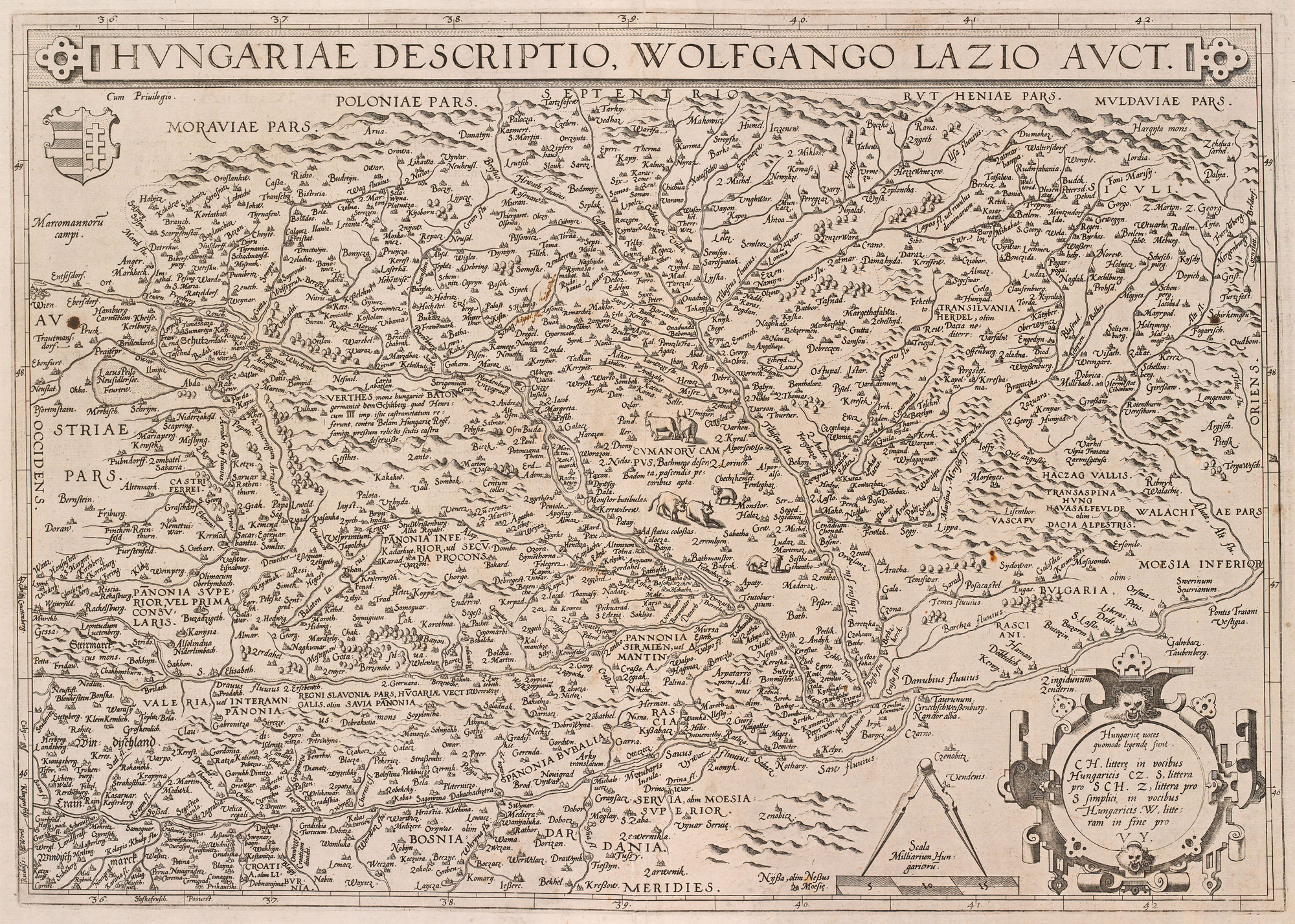 Wolfgang Lazius: "Hungariae Descriptio", Copper engraved Map of Hungary, c. 1600