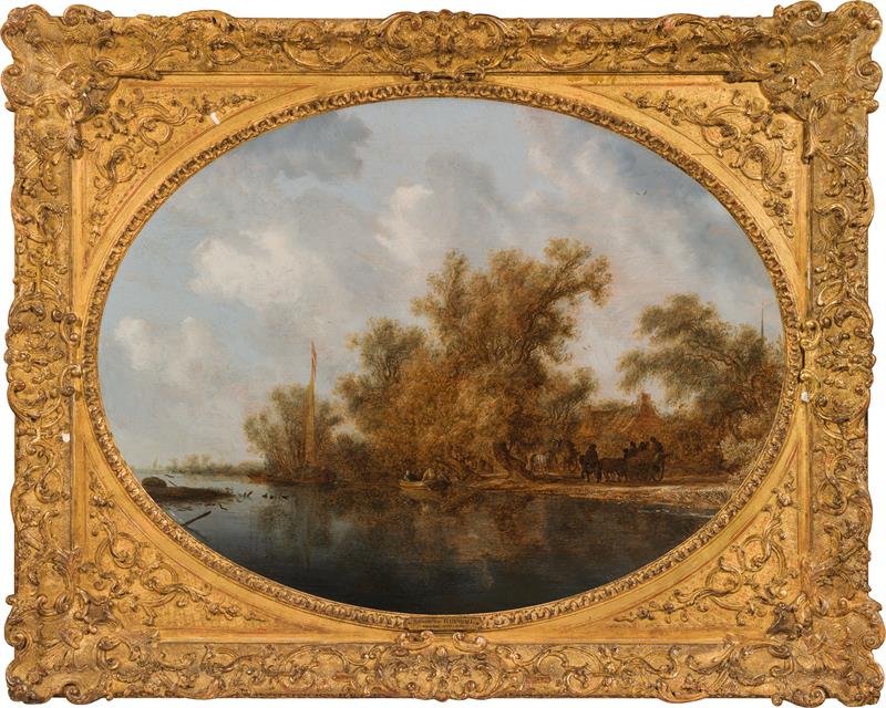 Salomon van Ruysdael: River Landscape with two farm wagons under tall trees - Image 2 of 2