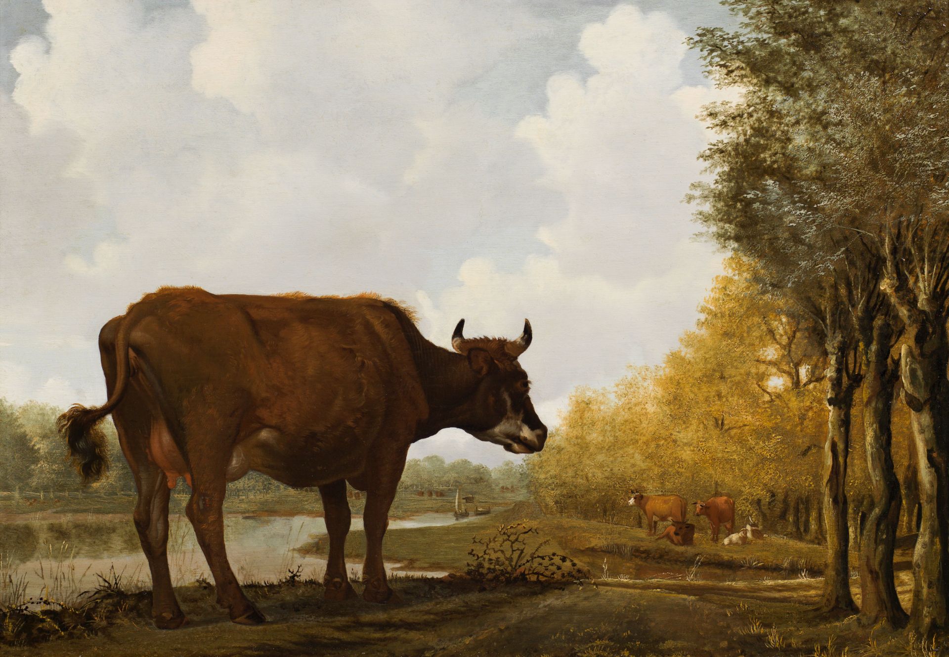 Dutch School: Herd of cattle grazing by the river