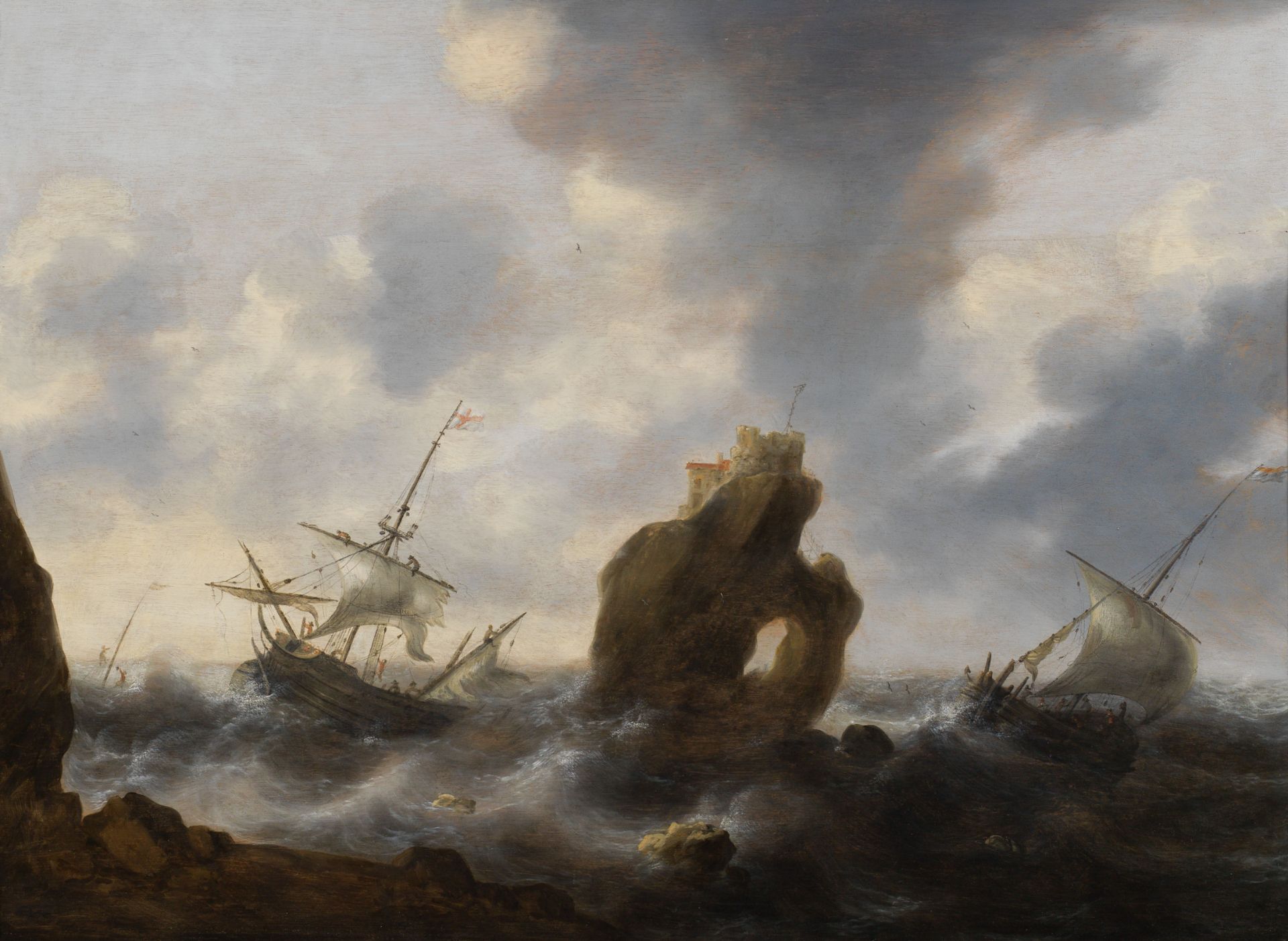 Jacob Adriaensz Bellevois : Coastal landscape with ships on a rough sea