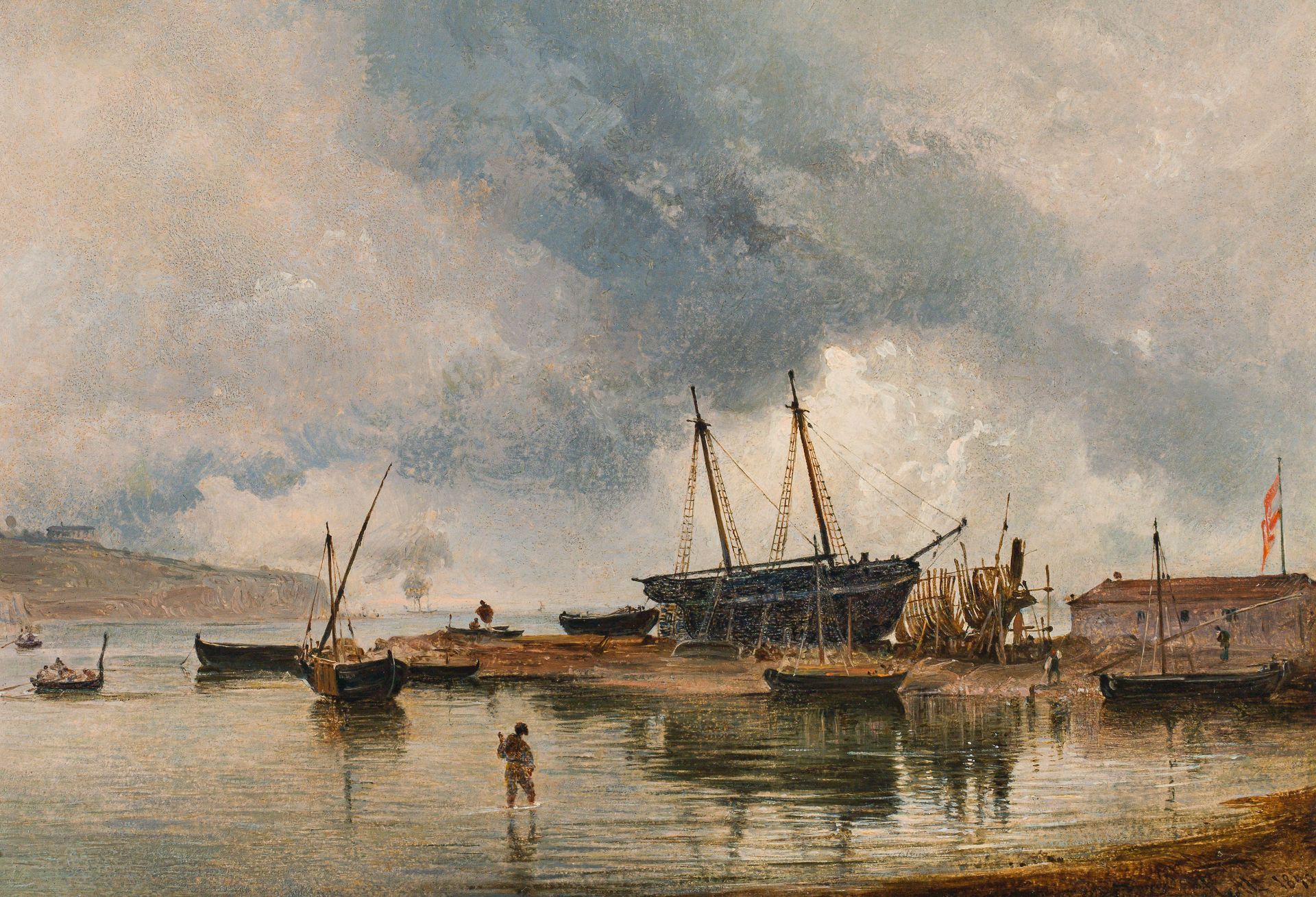 Rudolf von Alt: Shipyard in Trieste harbour