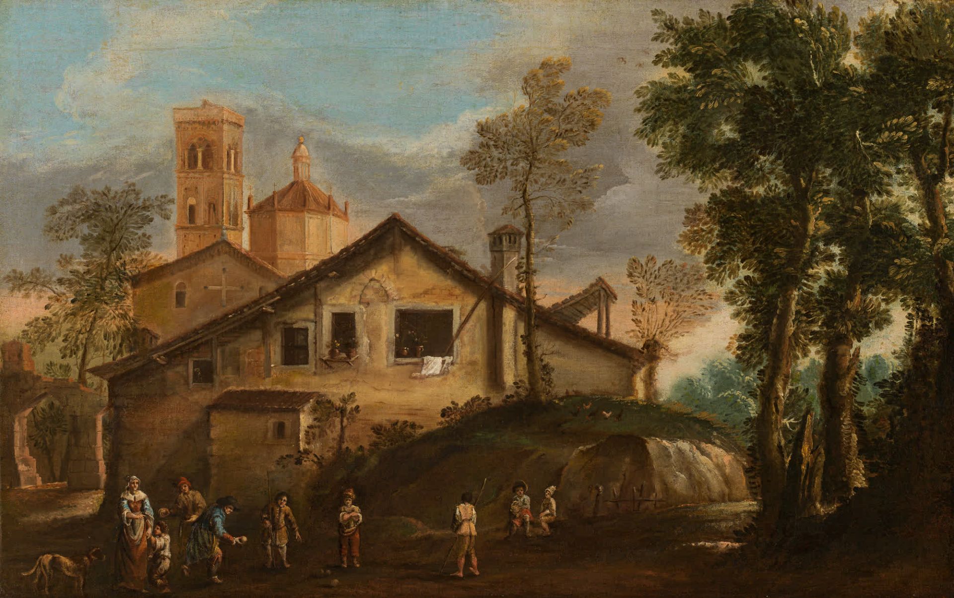 Venetian School: Boccia players in front of a village