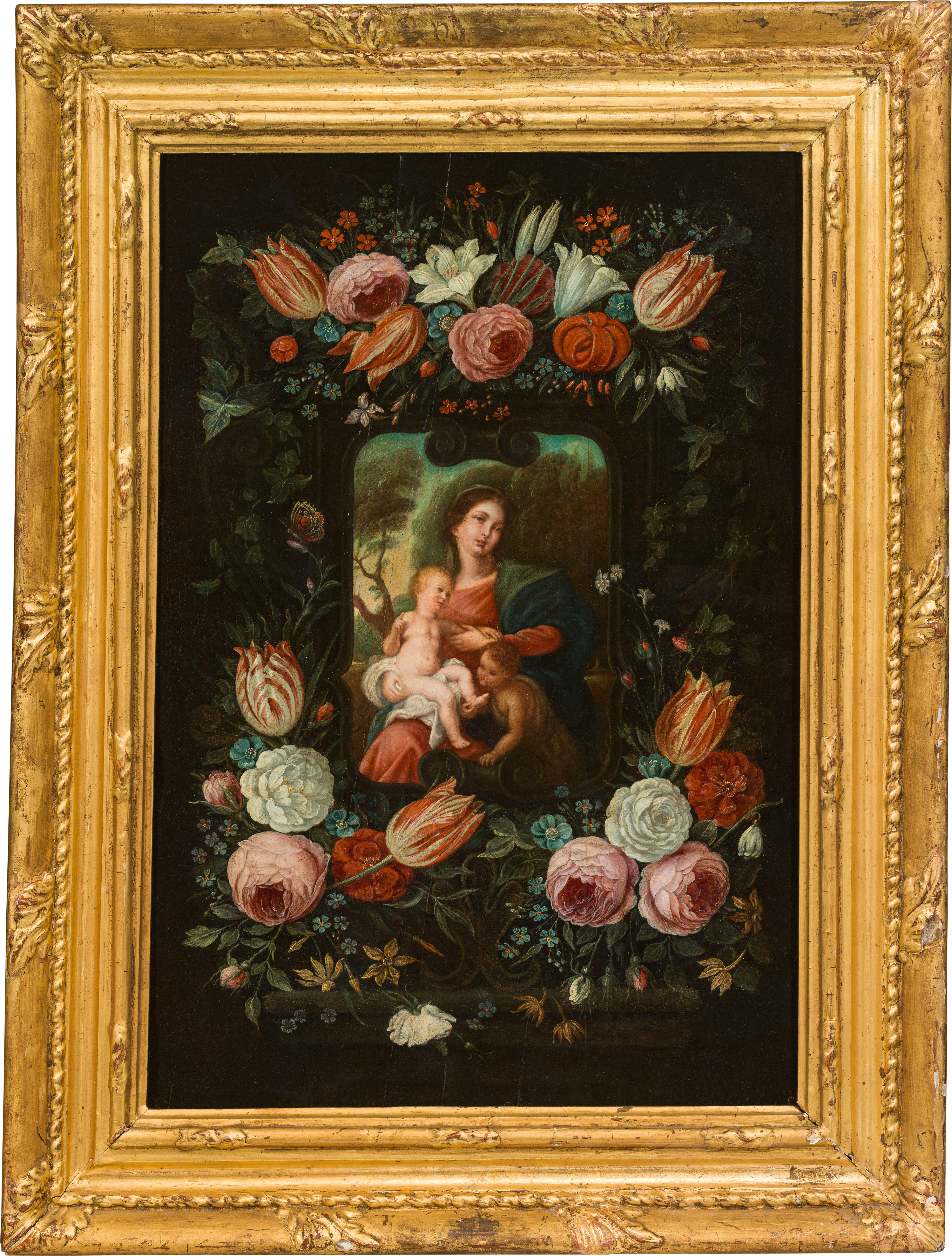 Jan van Kessel the Elder: Flower cartouche around Mary with Jesus and John - Image 2 of 2