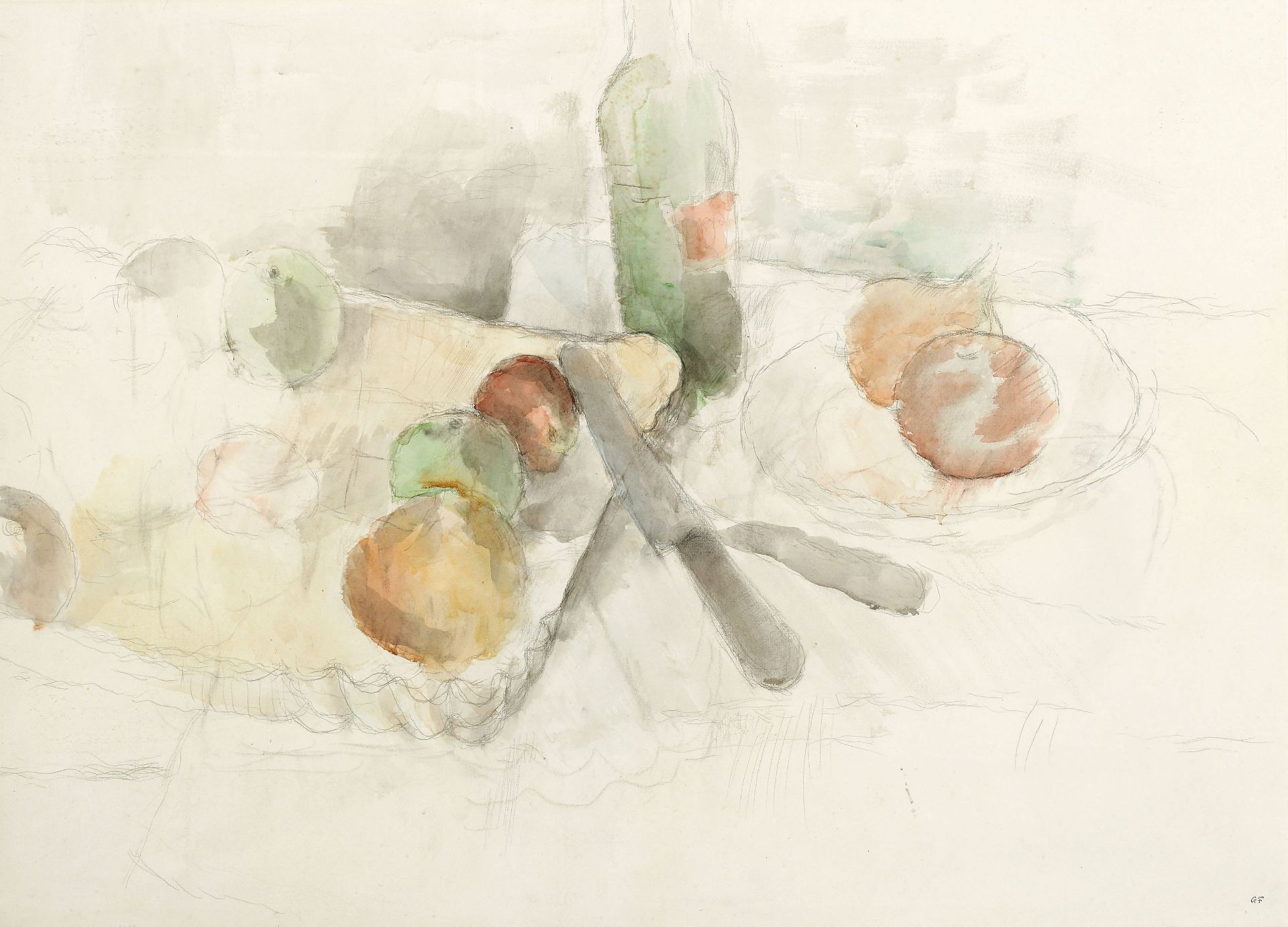 Gerhart Frankl: Bottle, onion, two knives and apple