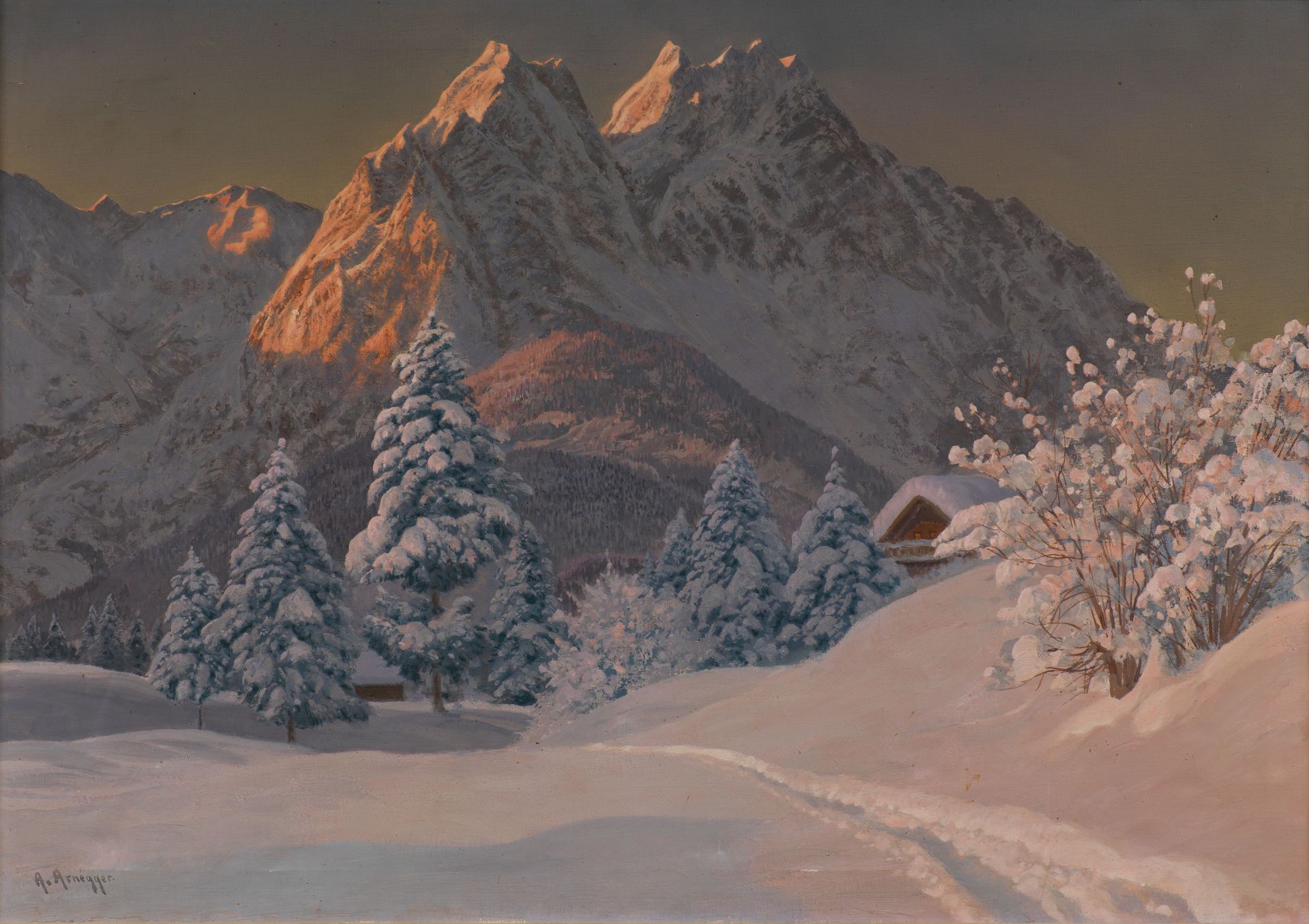 Alois Arnegger: Winterliche Gebirgslandschaft im Abendlicht 