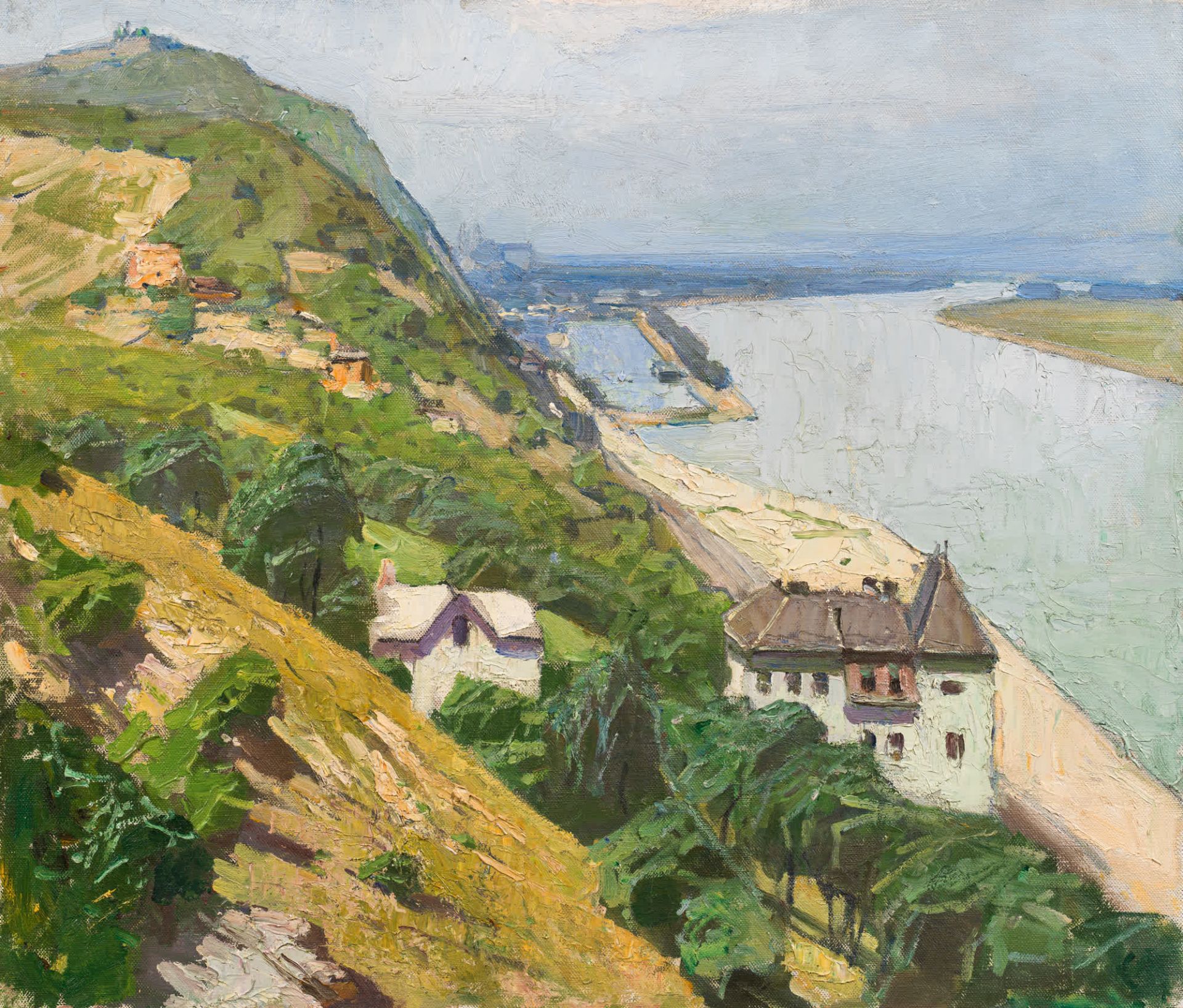 Carl Moll: Blick auf den Leopoldsberg und das Stift Klosterneuburg (Donaulandschaft bei Nussdorf)