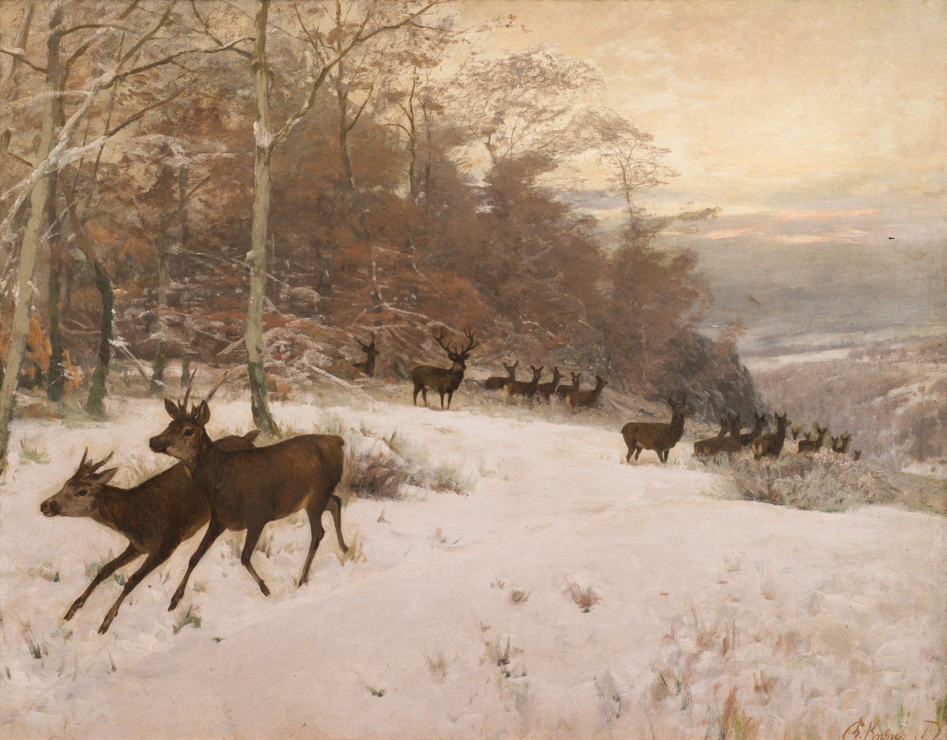 Christian Johann Kröner: Rotwild im Winterwald