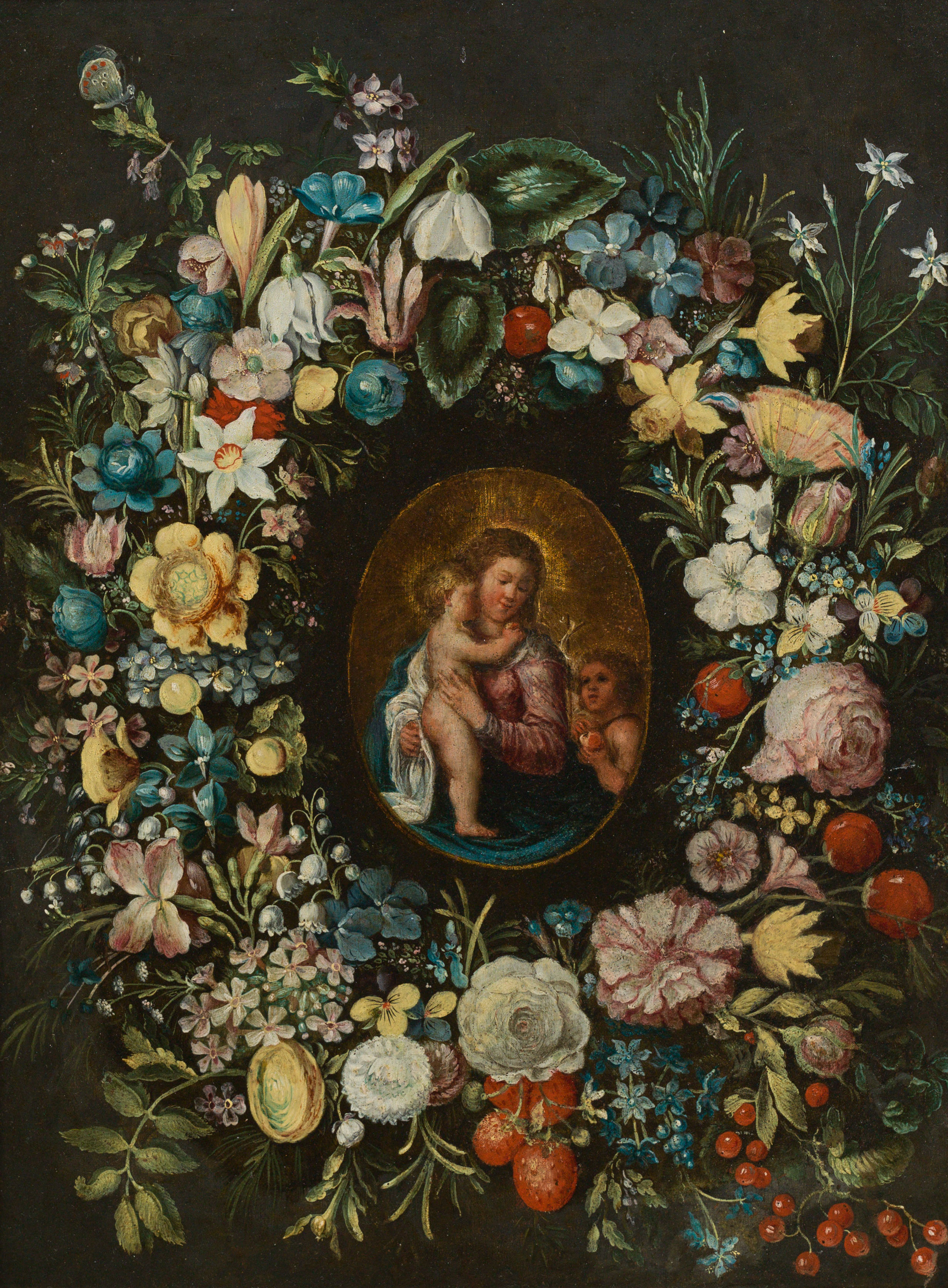 Flemish School: Madonna with child and Infant Saint John in a wreath of flowers