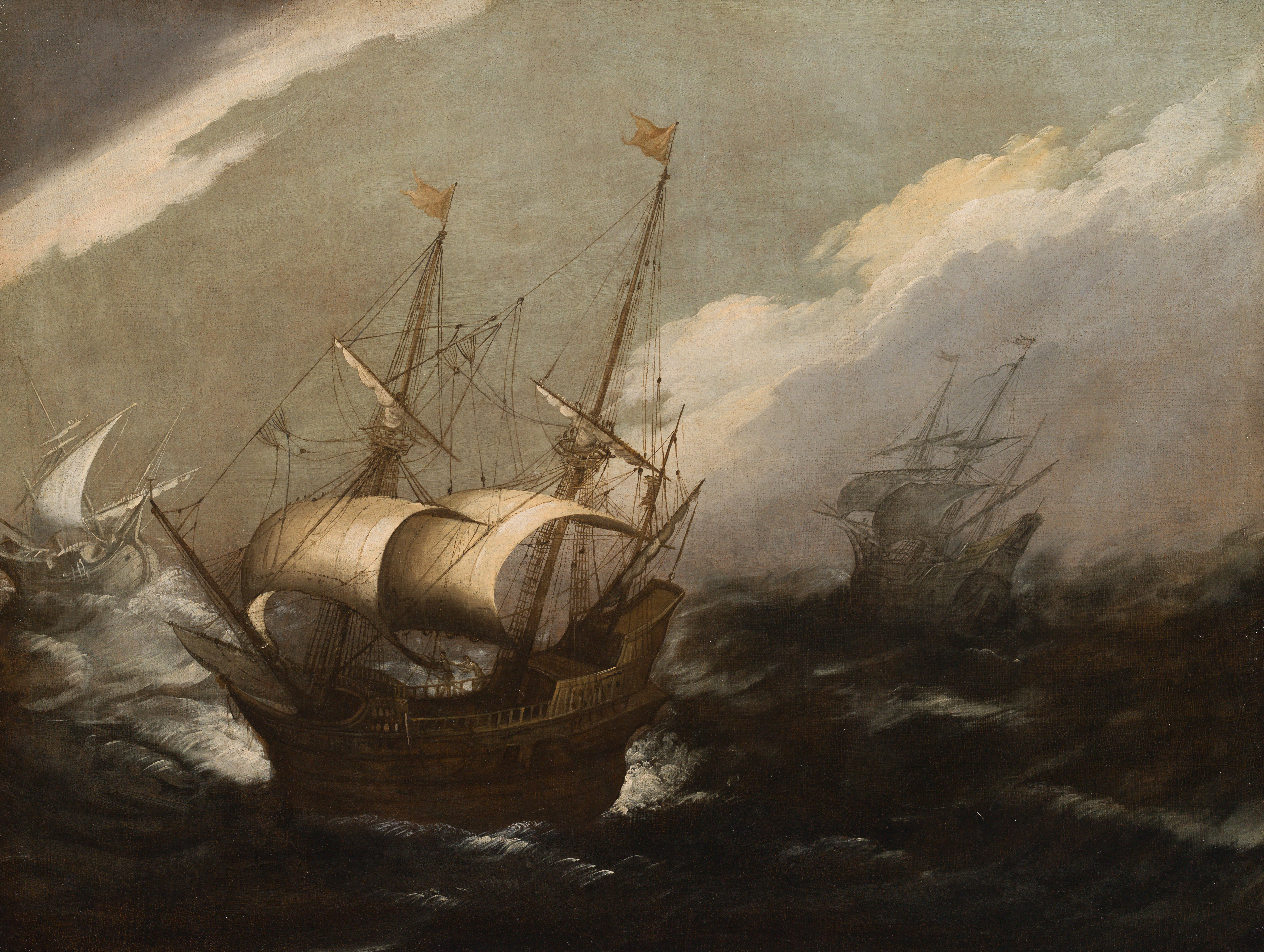 Dutch School: Sailing ships on roaring sea